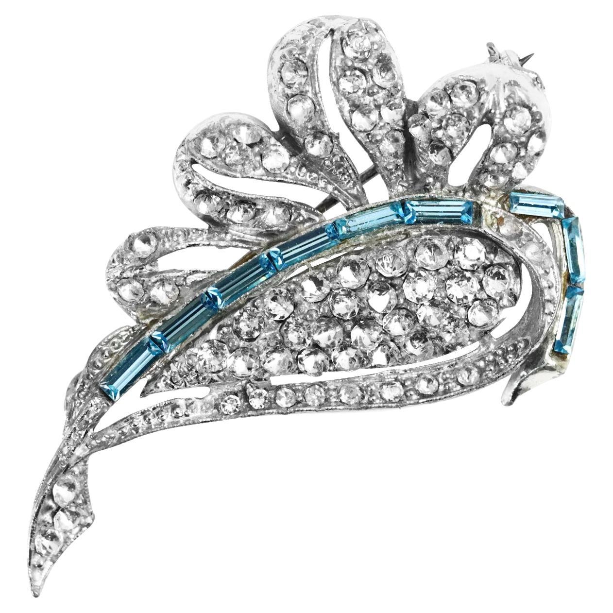 Vintage Diamante Leaf with Pave and Blue Baguette Brooch Circa 1960s