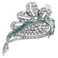 Vintage Diamante Leaf with Pave and Blue Baguette Brooch Circa 1960s