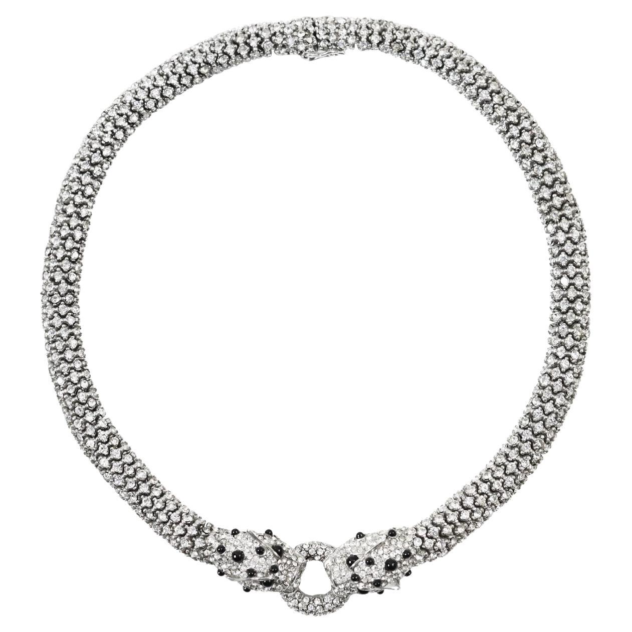 Vintage Diamante Pave Panther Necklace Circa 1980s For Sale