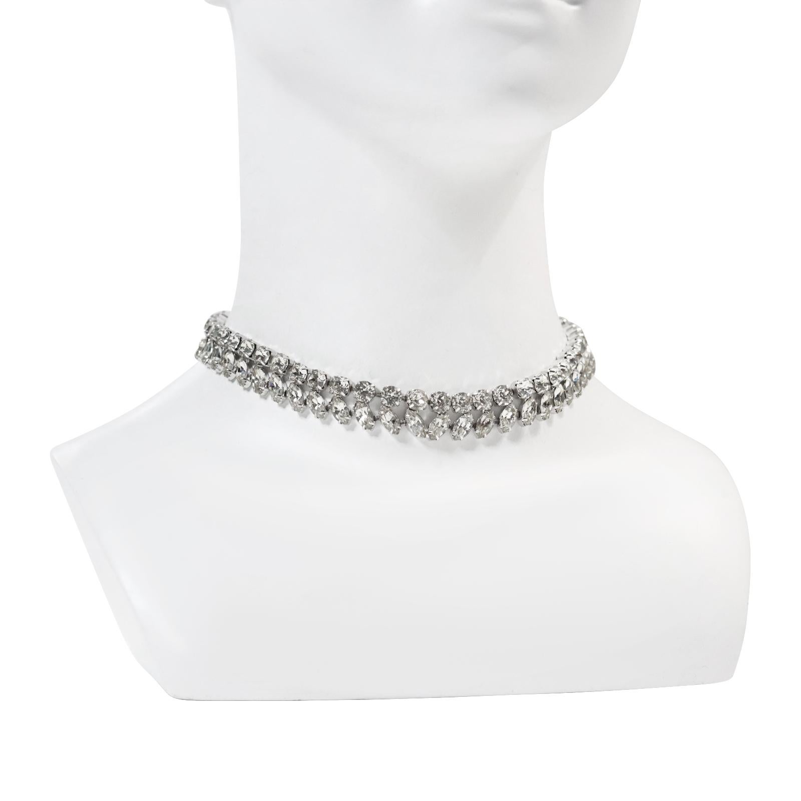 Vintage Diamante Pear and Round Cut Choker Circa 1960s.This is such a beautiful and well made piece of jewelry. It is substantial and well made and looks like fine jewelry. There is a long line at the top of rounds and then below it is a line of