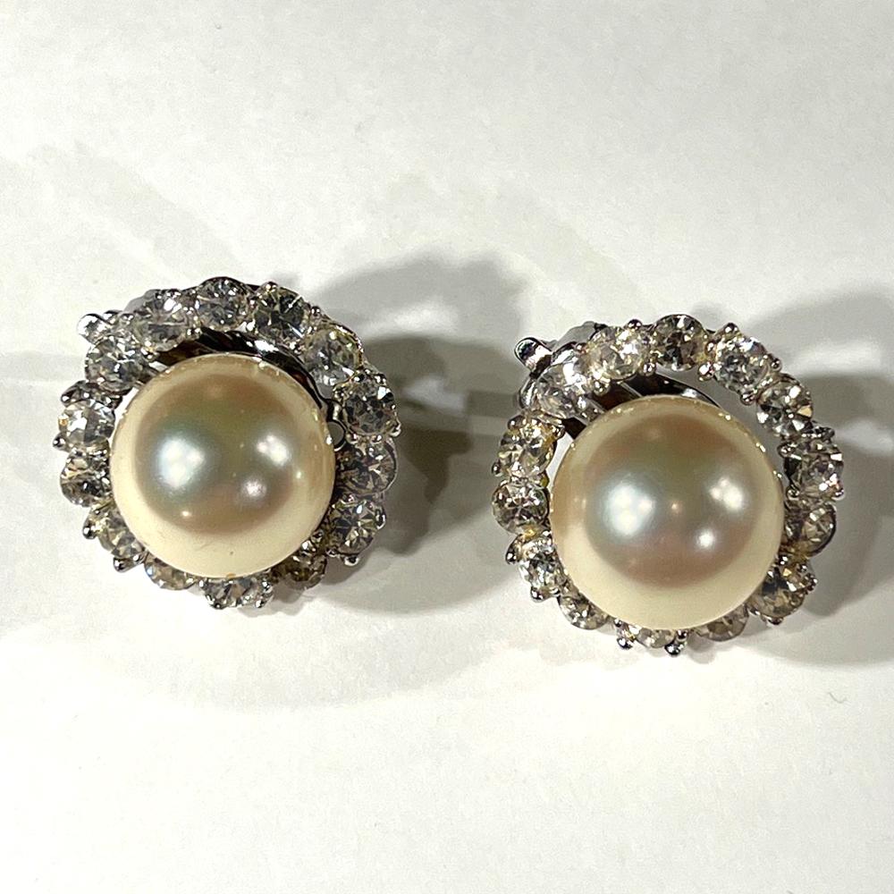 Vintage Diamanté Pearl Costume Jewelry Clip Earrings at 1stDibs