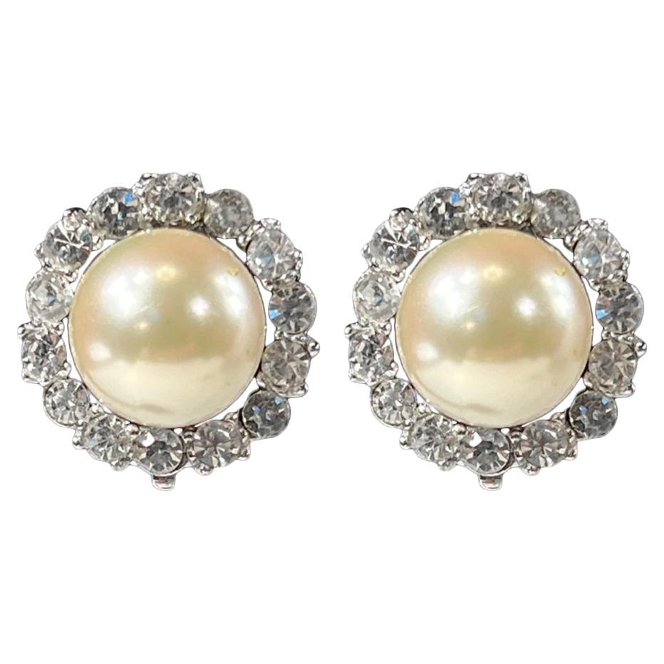 Vintage Diamanté Pearl Costume Jewelry Clip Earrings at 1stDibs