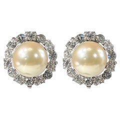 Vintage Diamanté Pearl Costume Jewelry Clip Earrings