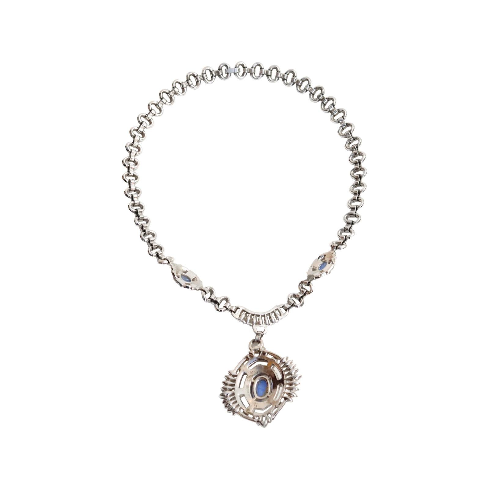 Modern Vintage Diamante with Blue Shiny Cabochon Dangling Pendant Necklace, circa 1960s For Sale