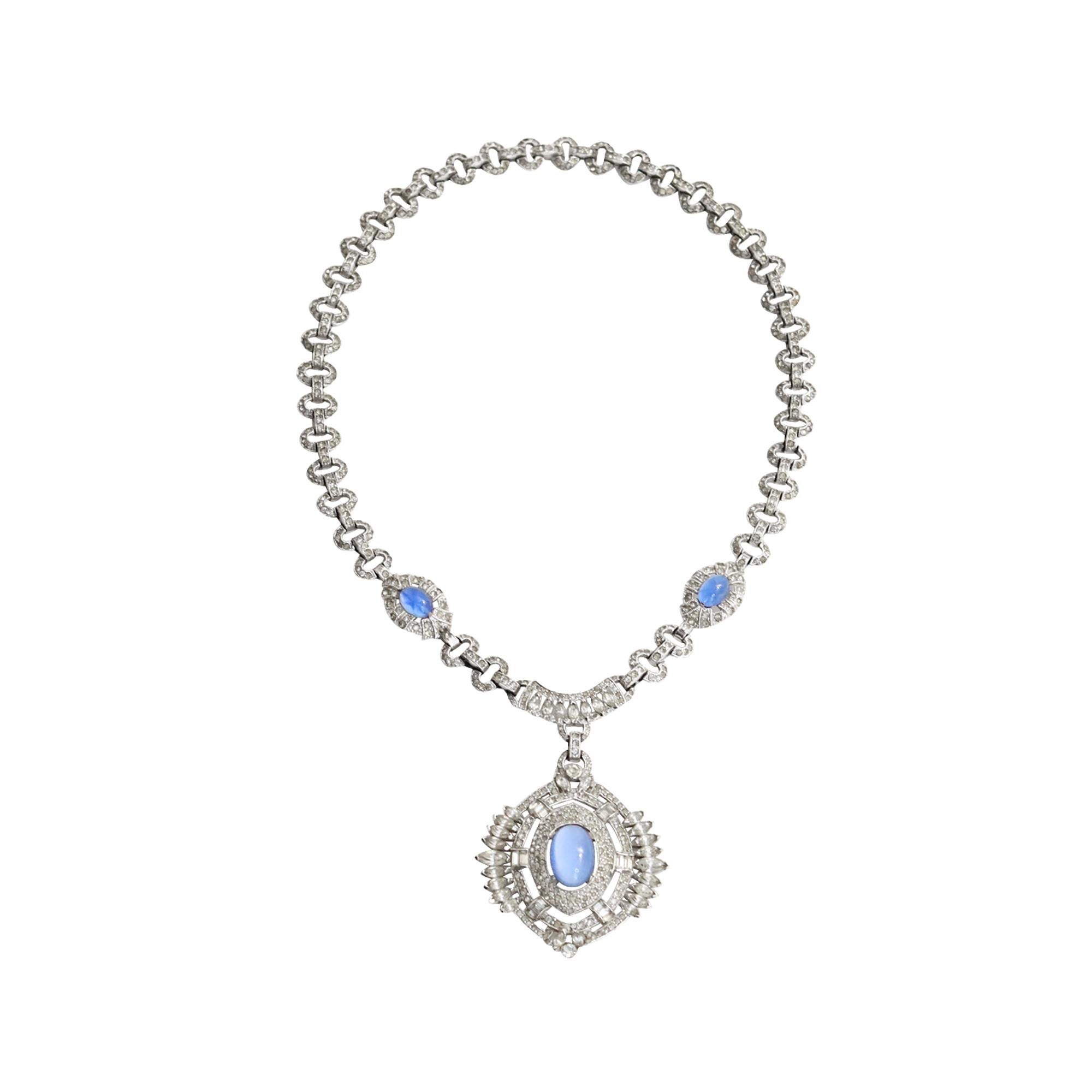 Collana con ciondolo pendente con diamante e cabochon blu lucido, vintage, anni '60 circa in vendita 4