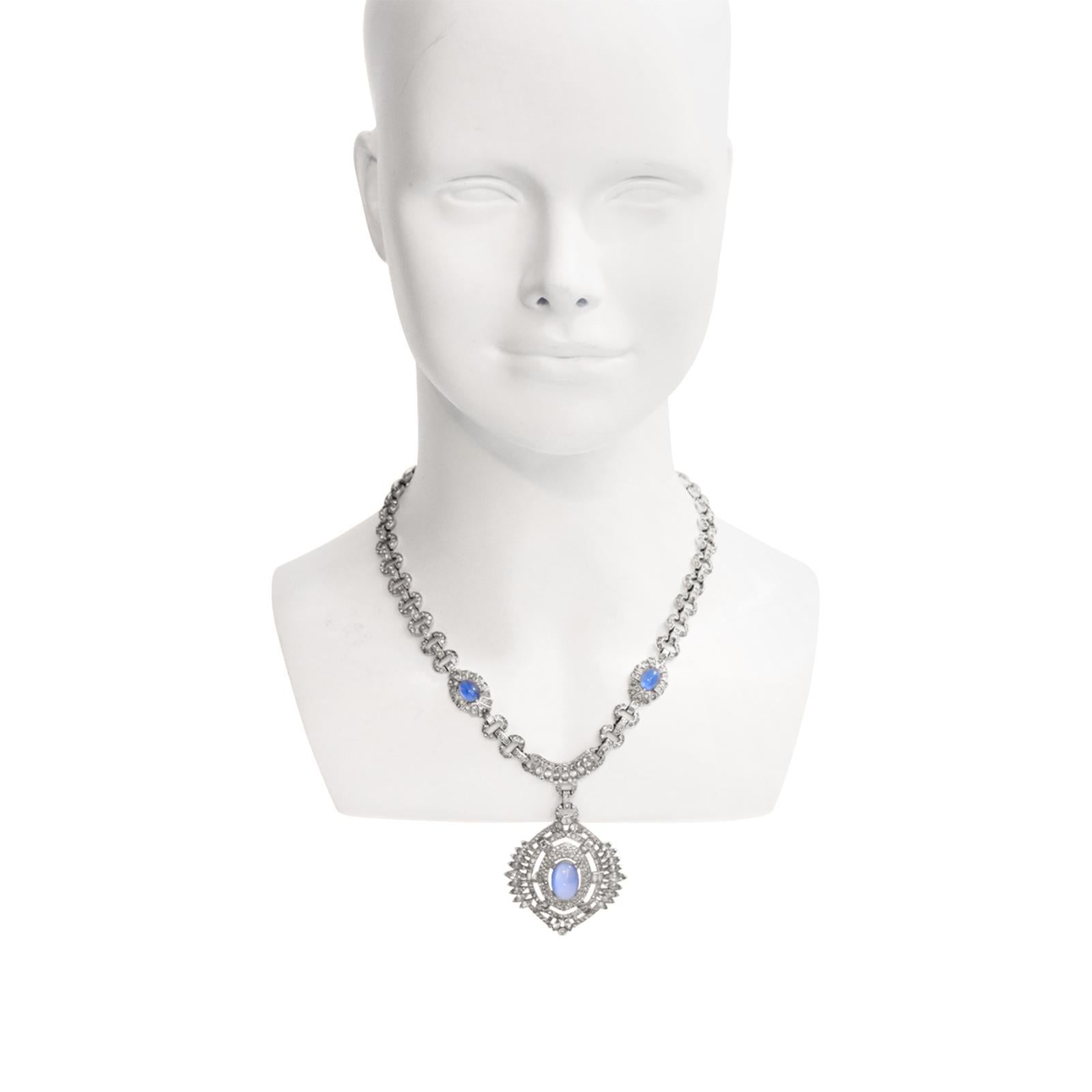 Vintage Diamante with Blue Shiny Cabochon Dangling Pendant Necklace, circa 1960s In Good Condition For Sale In New York, NY
