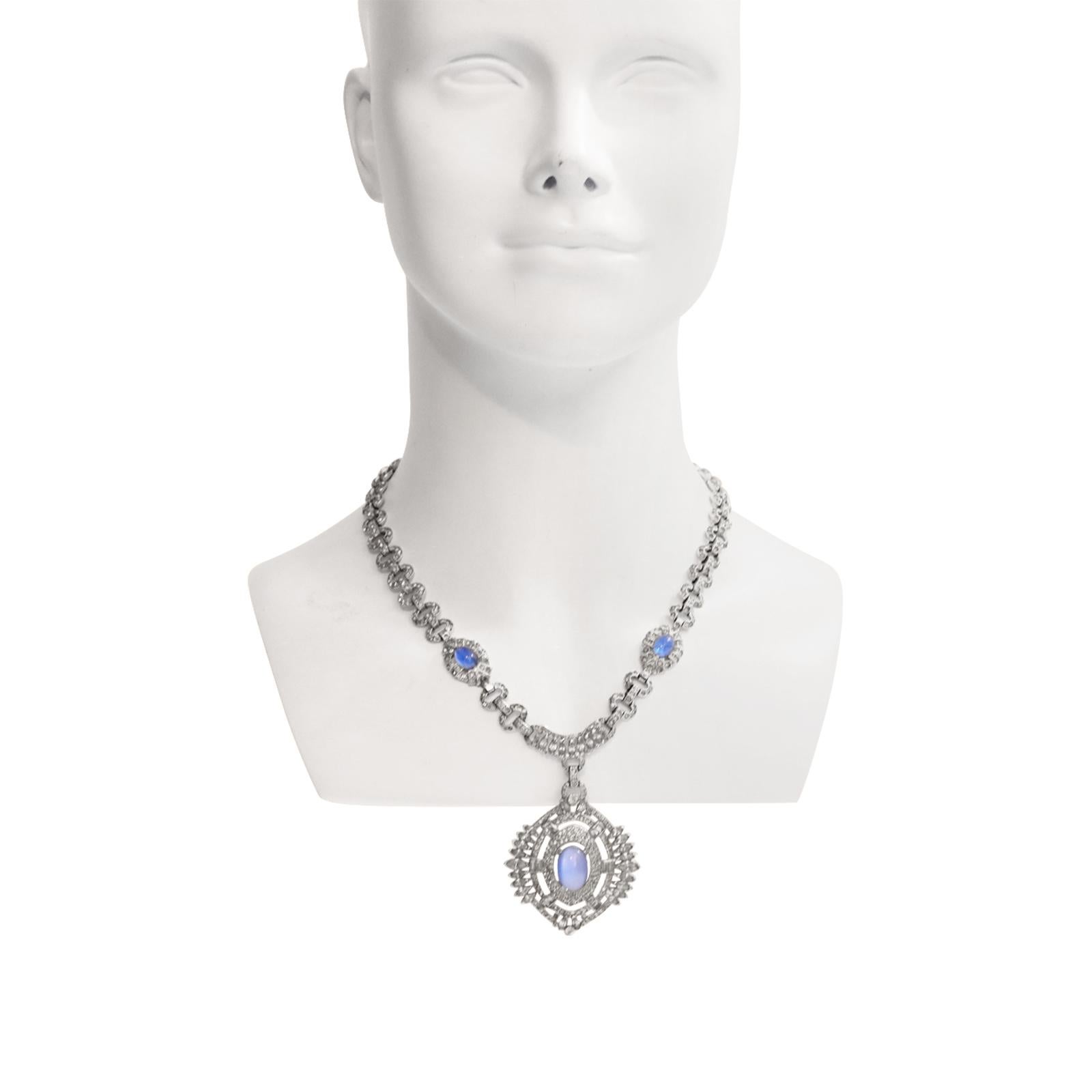 Women's or Men's Vintage Diamante with Blue Shiny Cabochon Dangling Pendant Necklace, circa 1960s For Sale