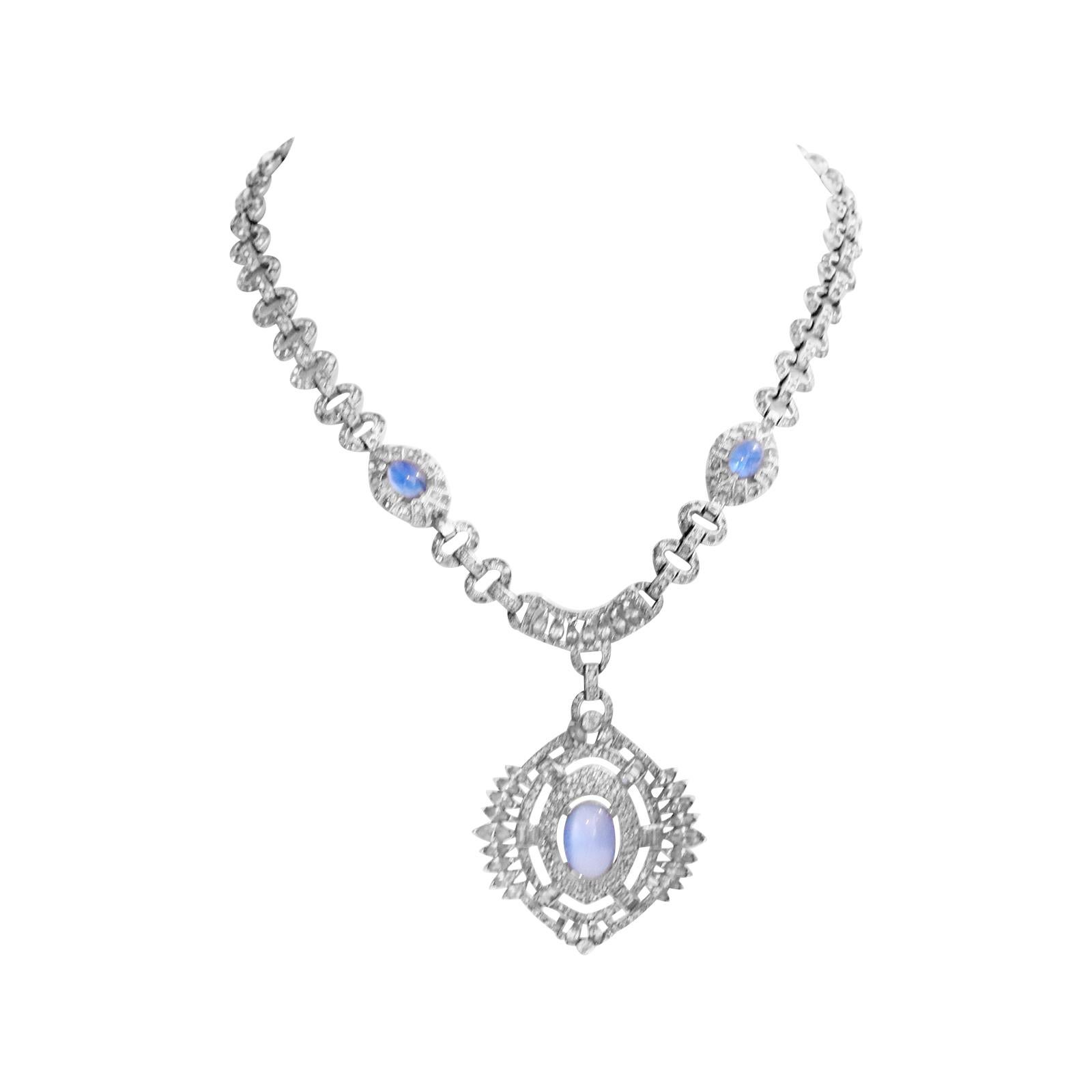 Vintage Diamante with Blue Shiny Cabochon Dangling Pendant Necklace, circa 1960s For Sale 1