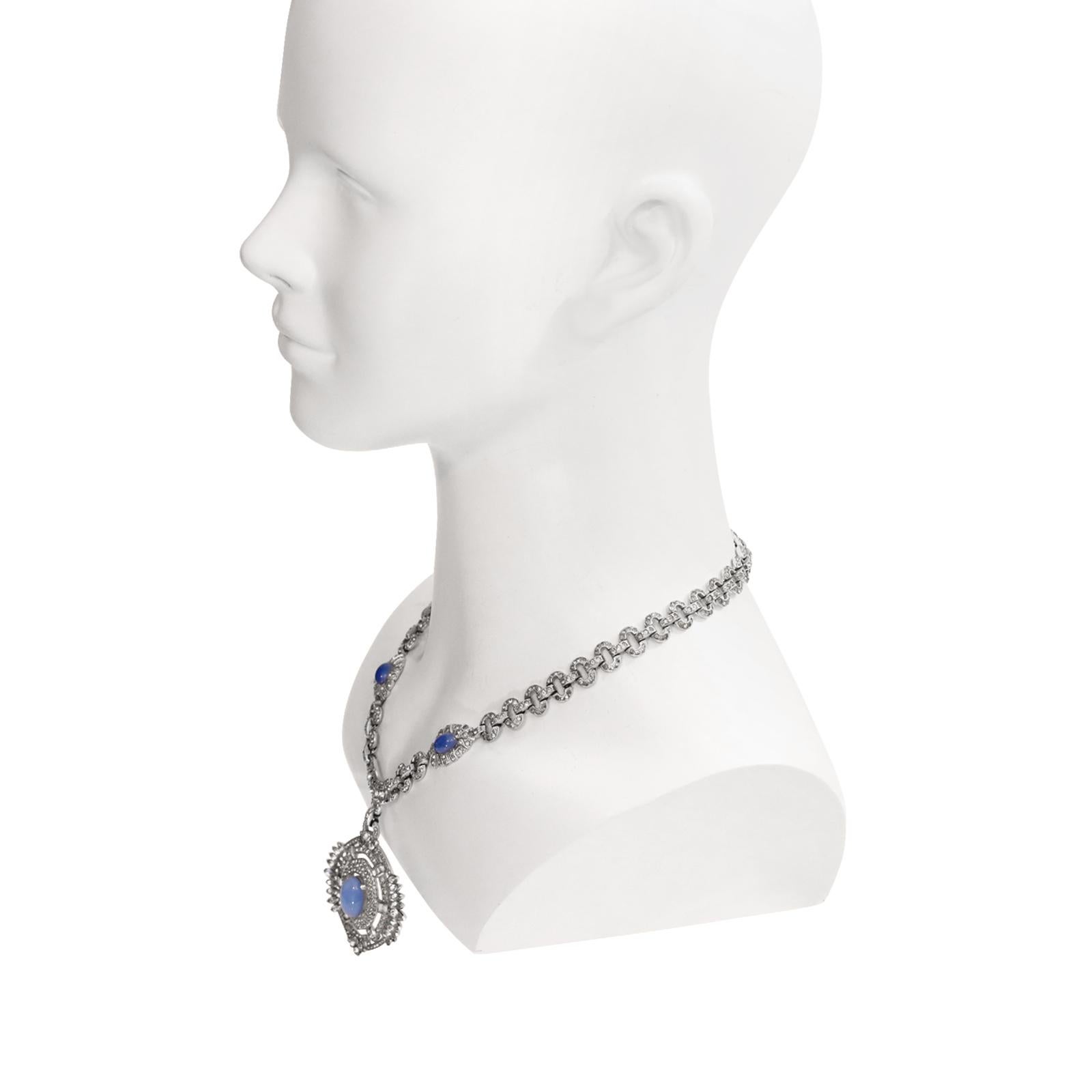 Vintage Diamante with Blue Shiny Cabochon Dangling Pendant Necklace, circa 1960s For Sale 2