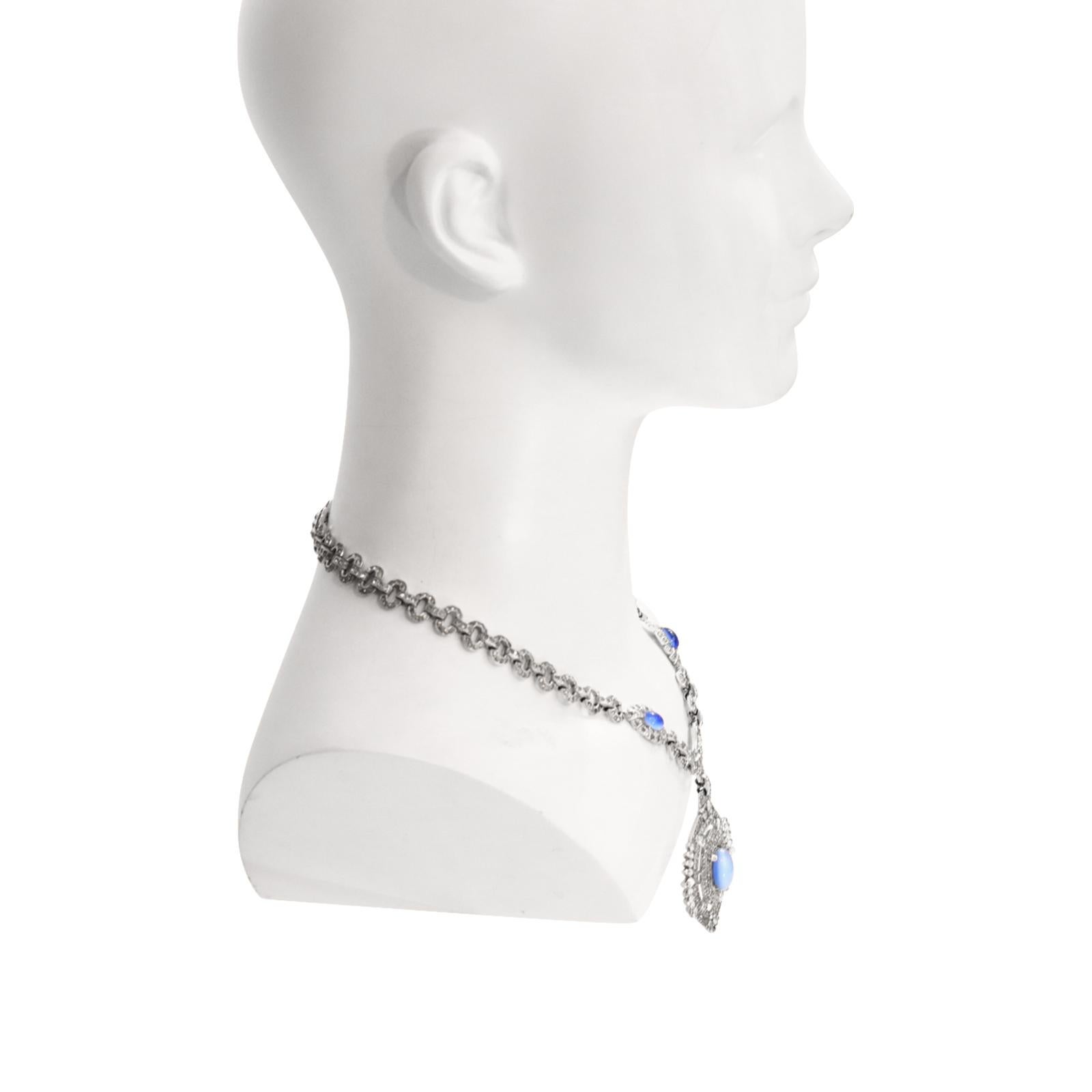 Vintage Diamante with Blue Shiny Cabochon Dangling Pendant Necklace, circa 1960s For Sale 3