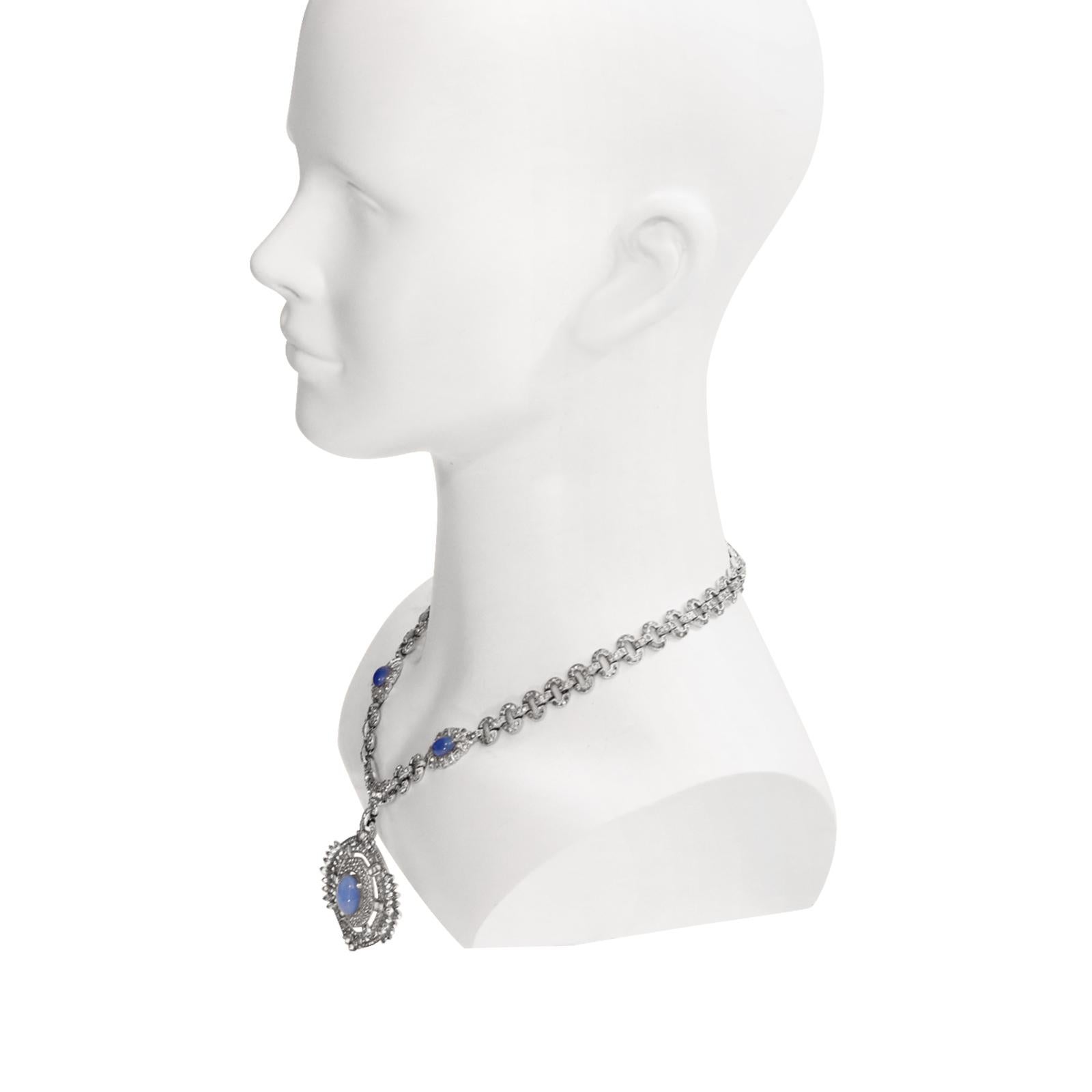 Vintage Diamante with Blue Shiny Cabochon Dangling Pendant Necklace, circa 1960s For Sale 4