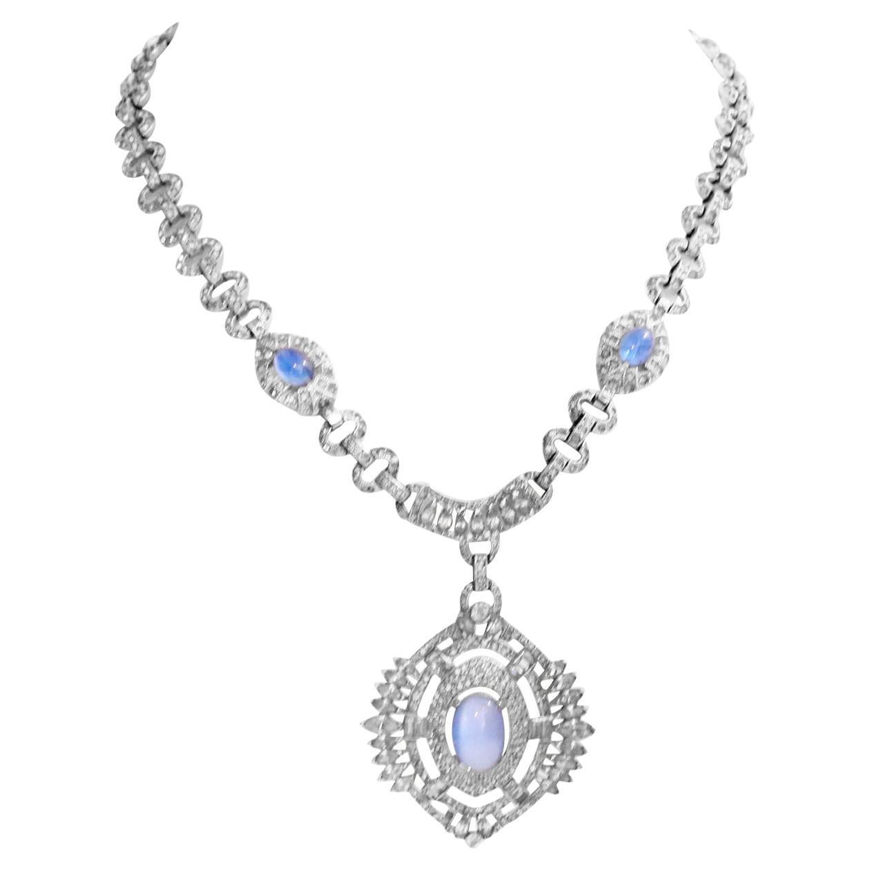 Vintage Diamante with Blue Shiny Cabochon Dangling Pendant Necklace, circa 1960s For Sale