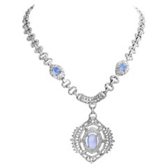 Retro Diamante with Blue Shiny Cabochon Dangling Pendant Necklace, circa 1960s