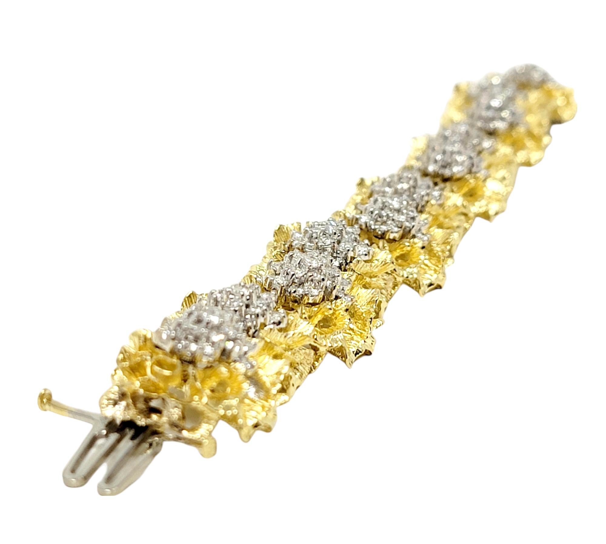 Vintage 10 Carats Flower Diamond Clusters 18 Karat Yellow Gold Links Bracelet 6
