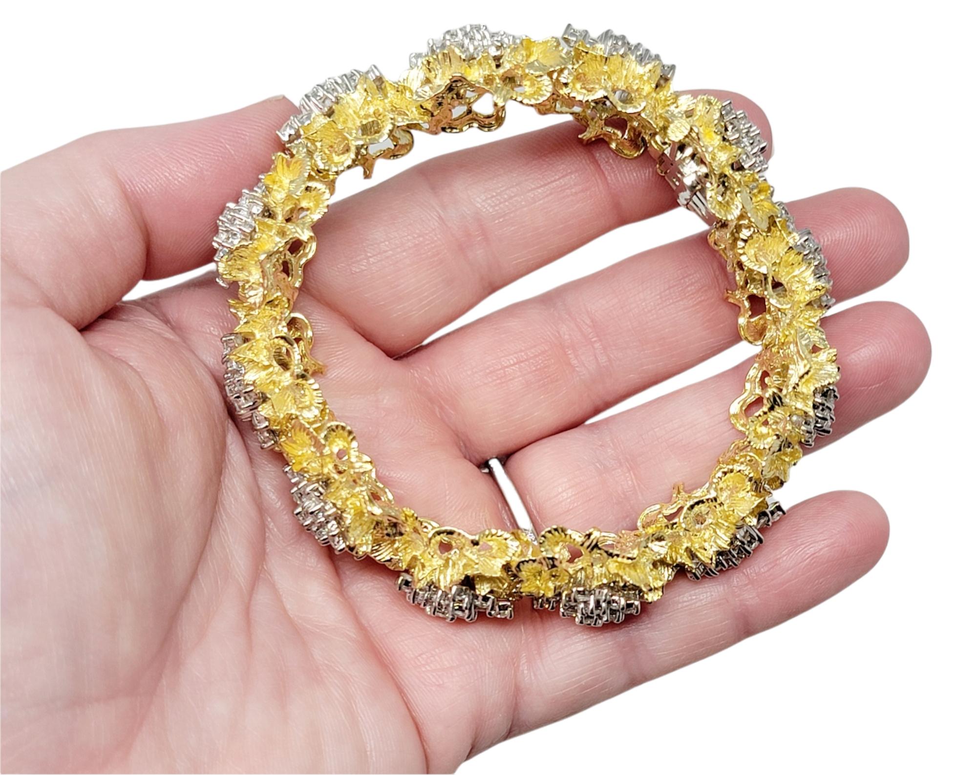 Vintage 10 Carats Flower Diamond Clusters 18 Karat Yellow Gold Links Bracelet 3