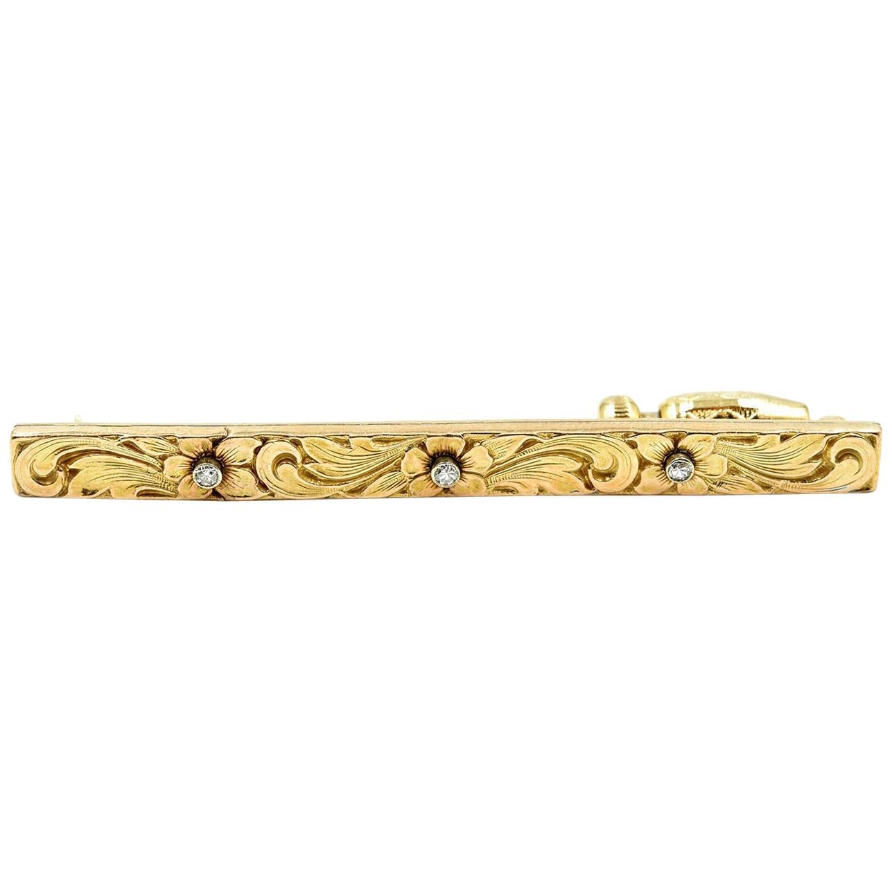 Vintage Diamond 10 Karat Yellow Gold and Gold-Plated Pin For Sale