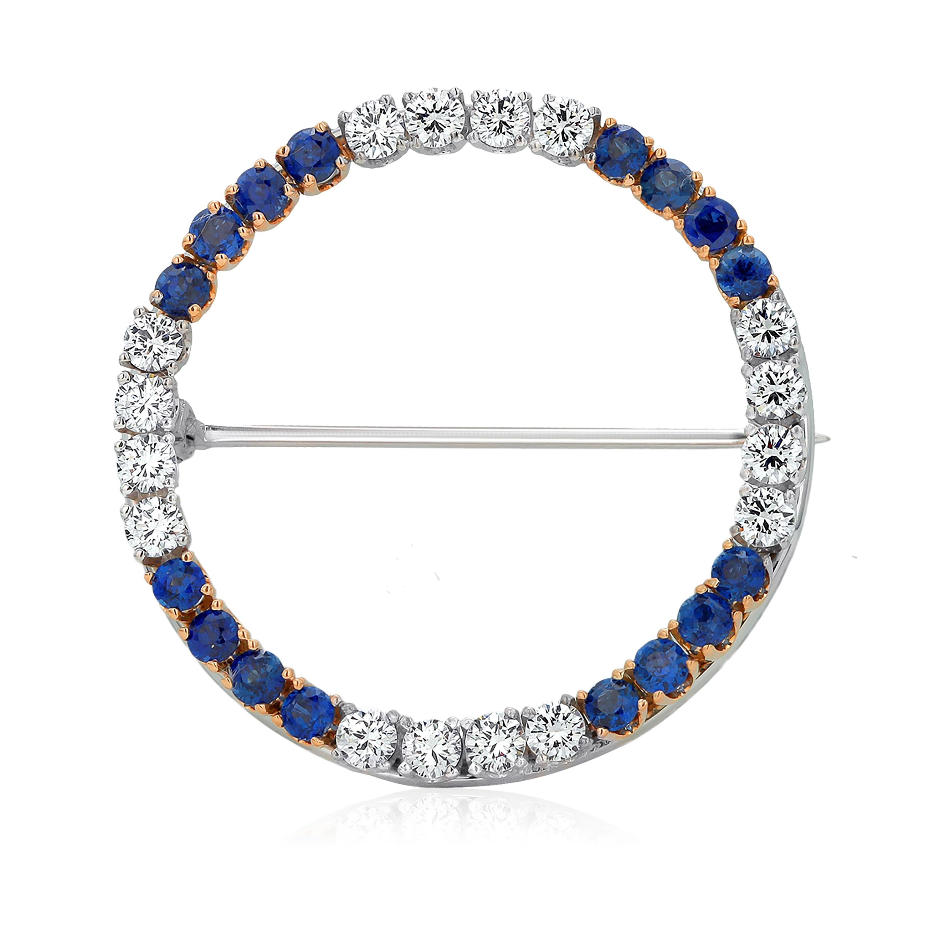 Vintage Diamond 1.25 Carat Sapphire 1.70 Carat Circle 1.25 Inch Gold Brooch   In Good Condition In New York, NY