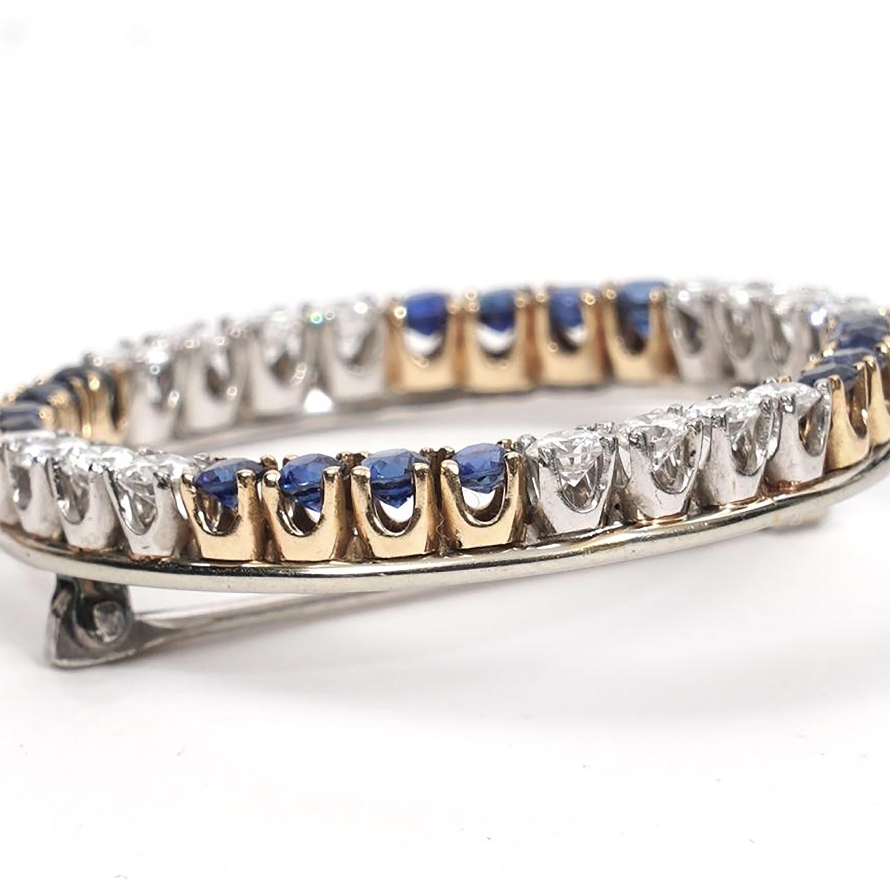 Women's or Men's Vintage Diamond 1.25 Carat Sapphire 1.70 Carat Circle 1.25 Inch Gold Brooch  