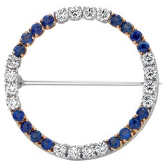 Vintage Diamond 1.25 Carat Sapphire 1.70 Carat Circle 1.25 Inch Gold Brooch  