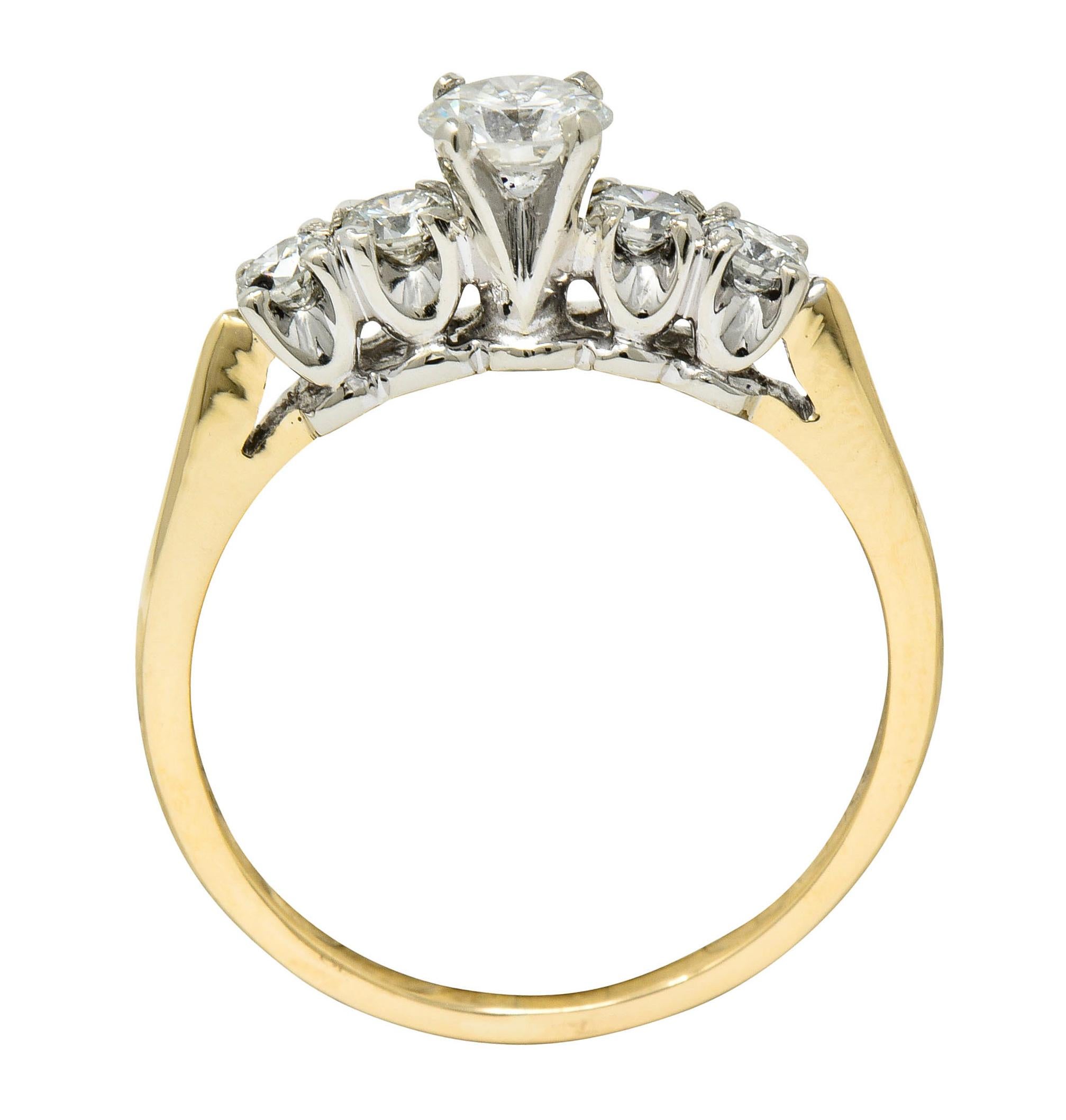 Vintage Diamond 14 Karat Gold Platinum Five-Stone Engagement Ring 3