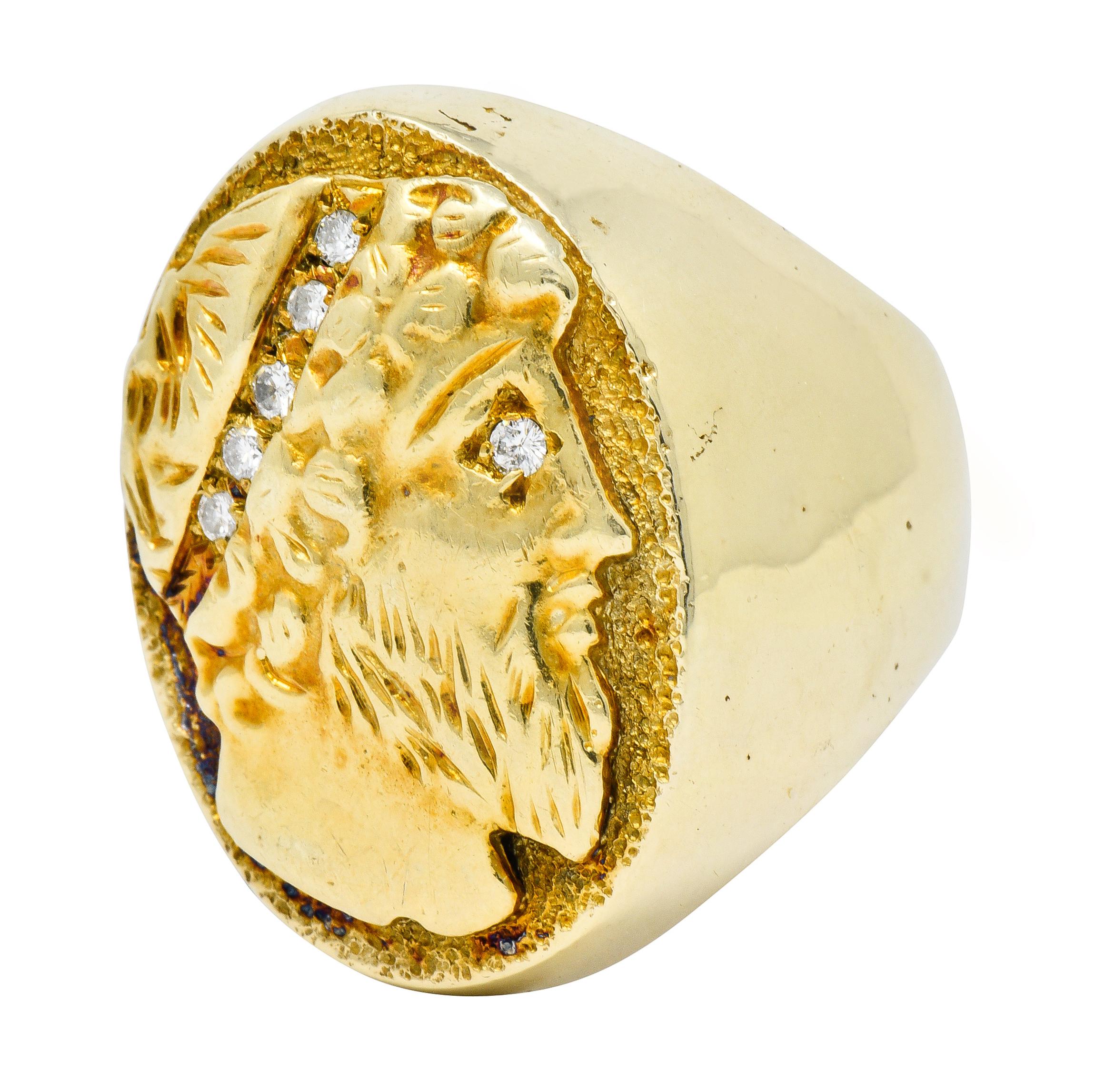 Round Cut Vintage Diamond 14 Karat Gold Unisex Zeus Signet Ring