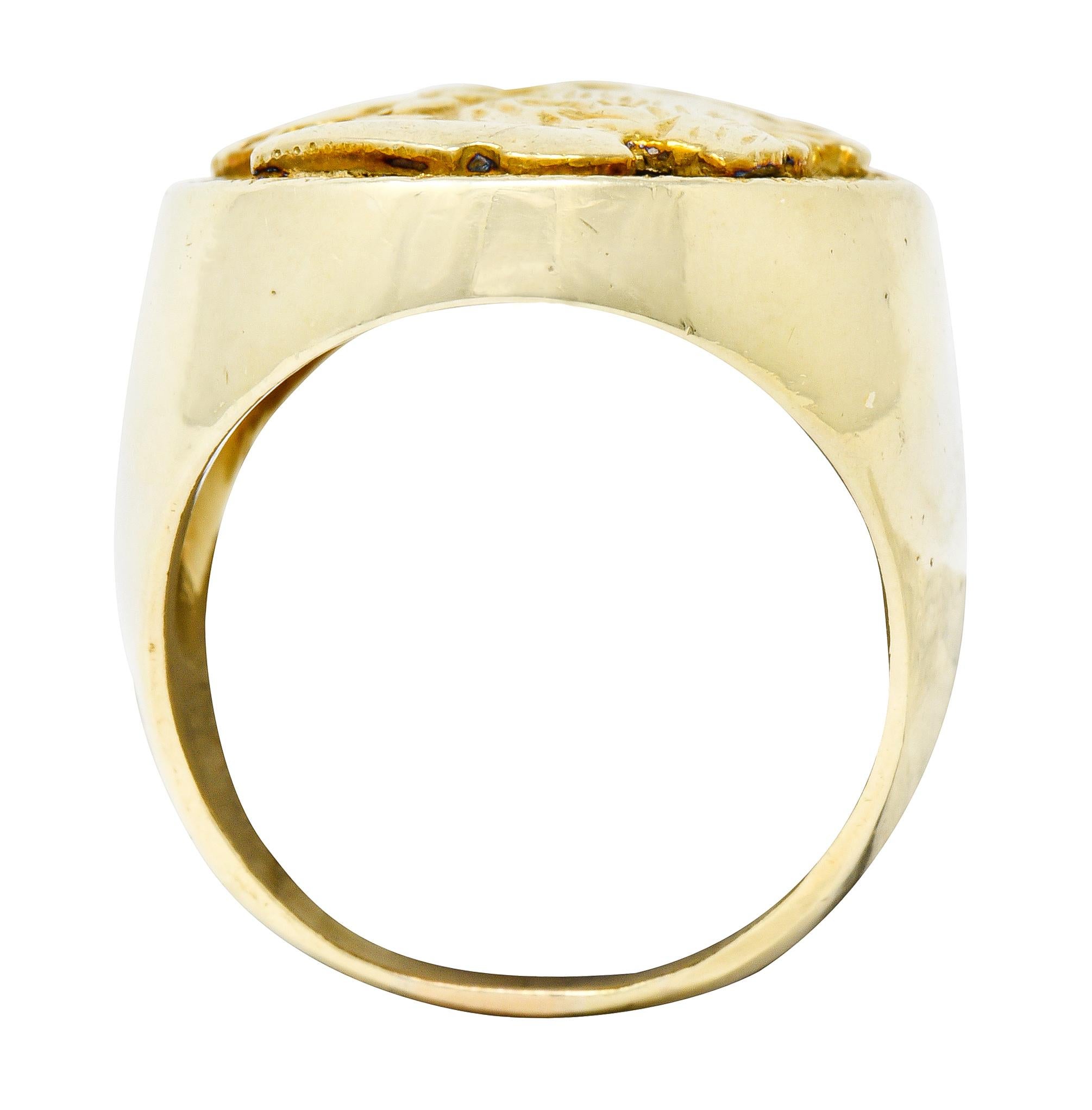 Vintage Diamond 14 Karat Gold Unisex Zeus Signet Ring In Excellent Condition In Philadelphia, PA