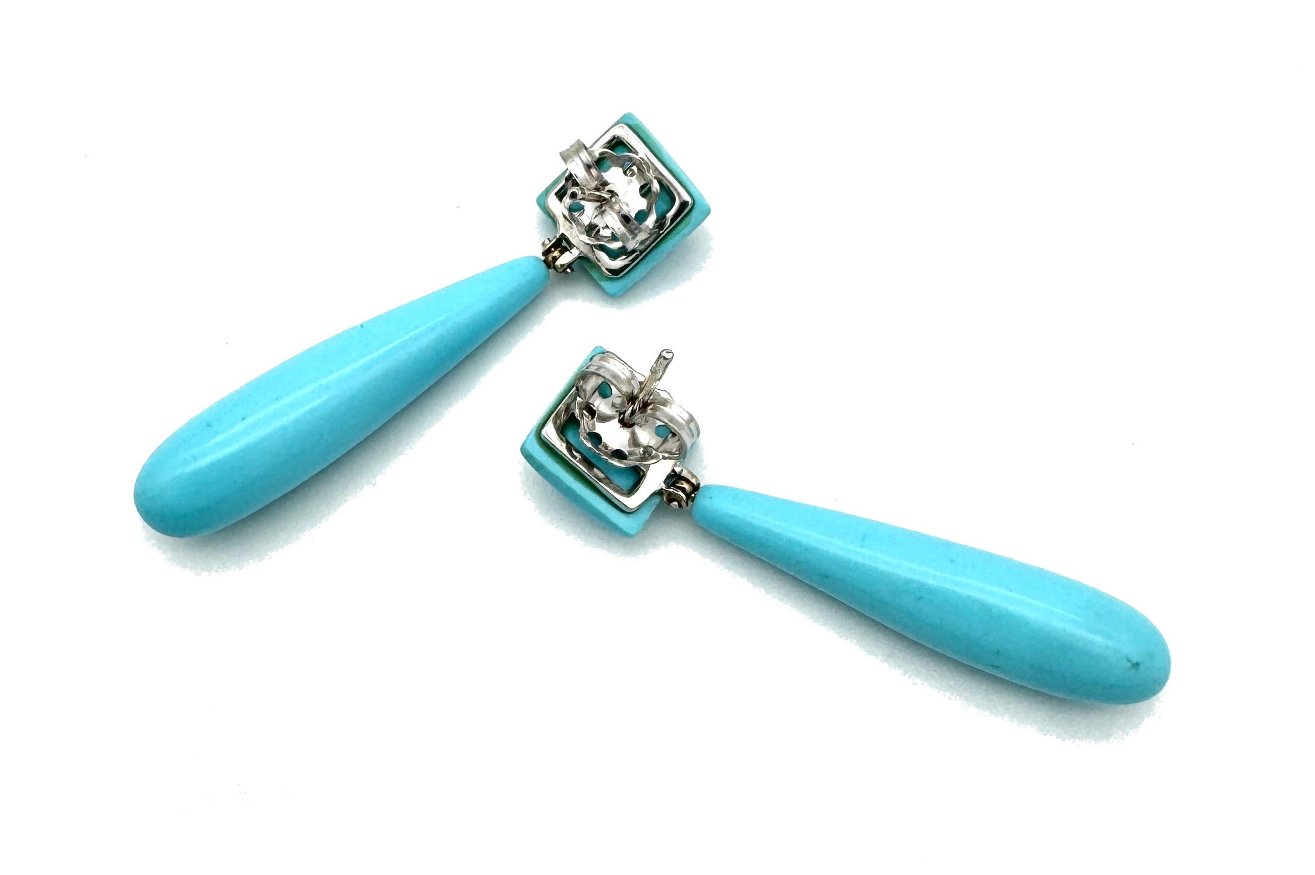 Modern Vintage Diamond 14K White Gold Turquoise Composite Drop Earrings Studs For Sale