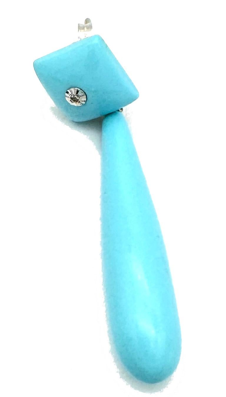 Mixed Cut Vintage Diamond 14K White Gold Turquoise Composite Drop Earrings Studs For Sale