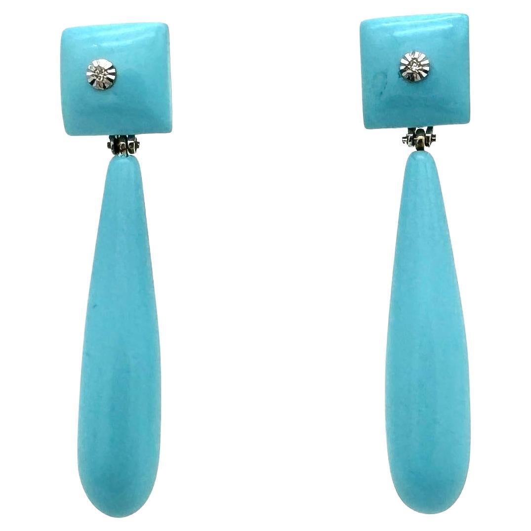 Vintage Diamond 14 Karat White Gold Turquoise Composite Drop Earrings Studs