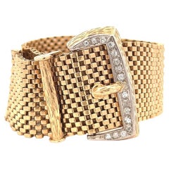 Vintage Diamond 14 Karat Yellow Gold Buckle Bracelet