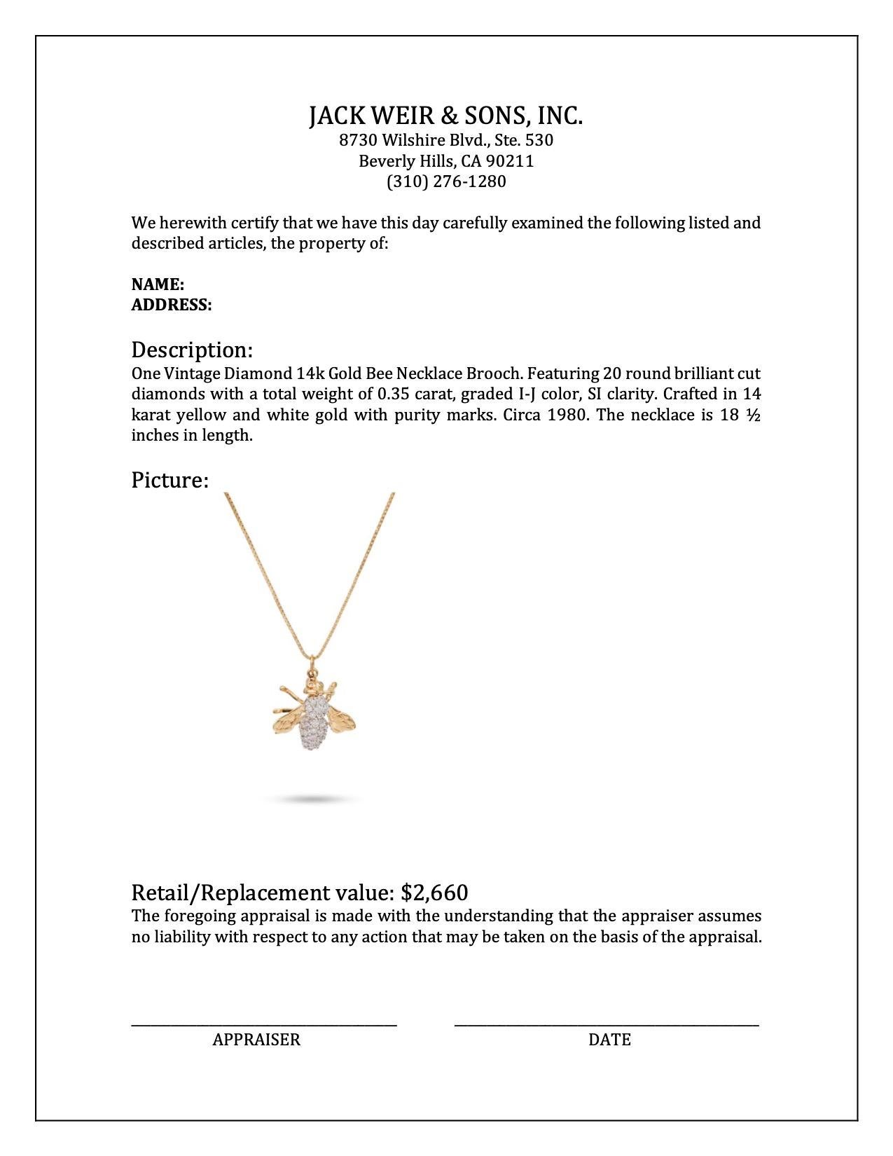 Women's or Men's Vintage Diamond 14k Gold Bee Necklace Brooch