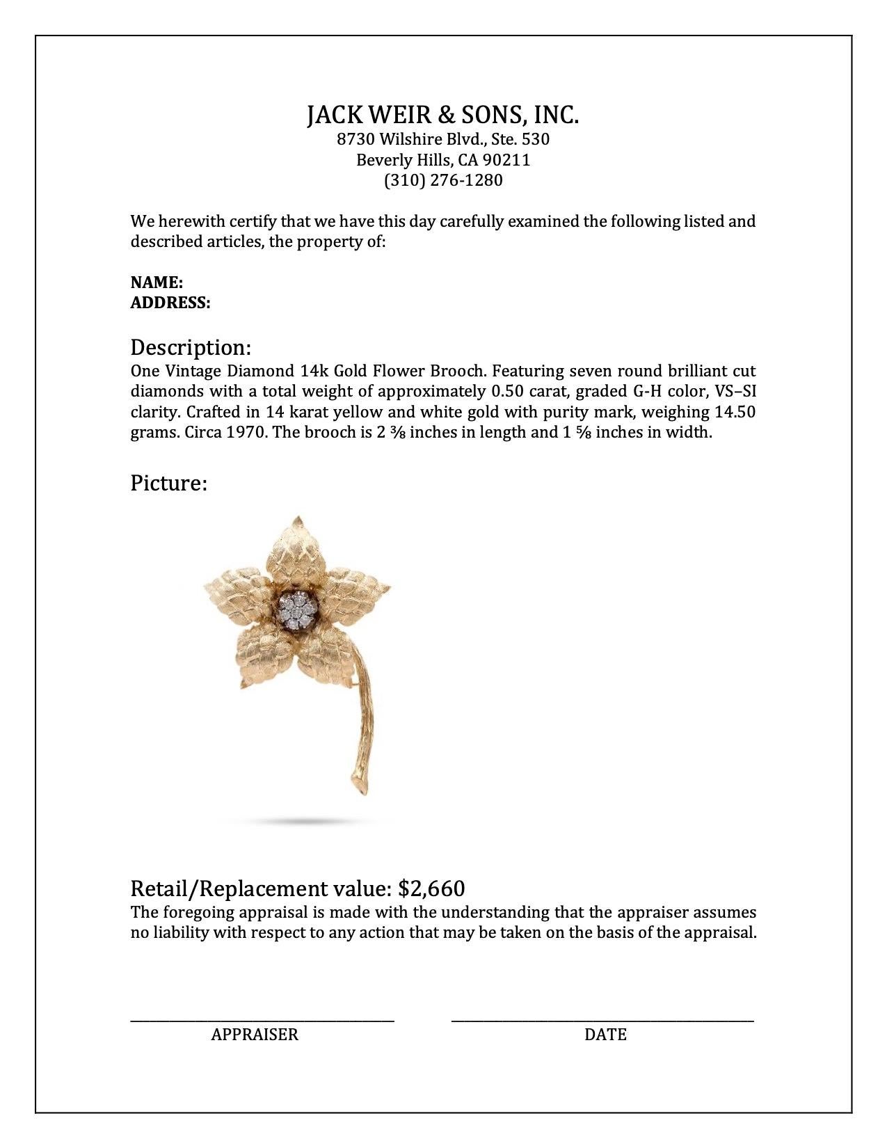 Women's or Men's Vintage Diamond 14k Gold Flower Brooch For Sale