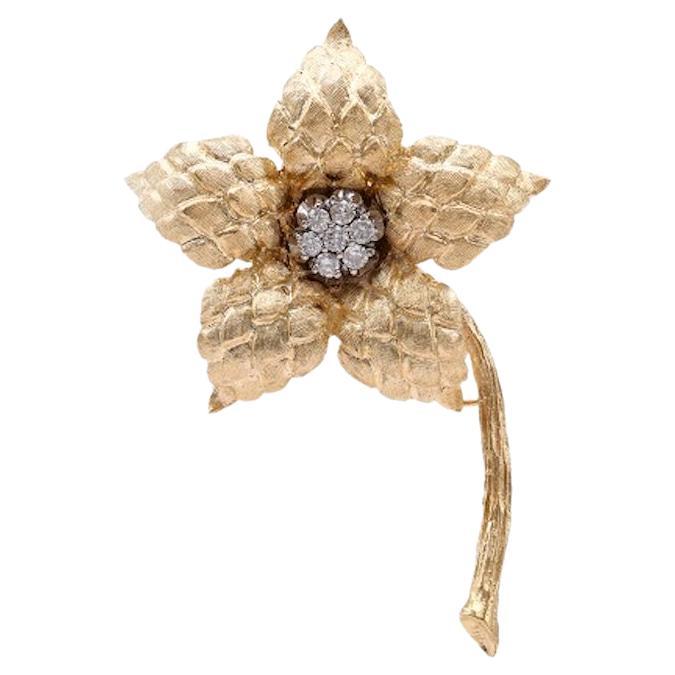 Vintage Diamond 14k Gold Flower Brooch For Sale