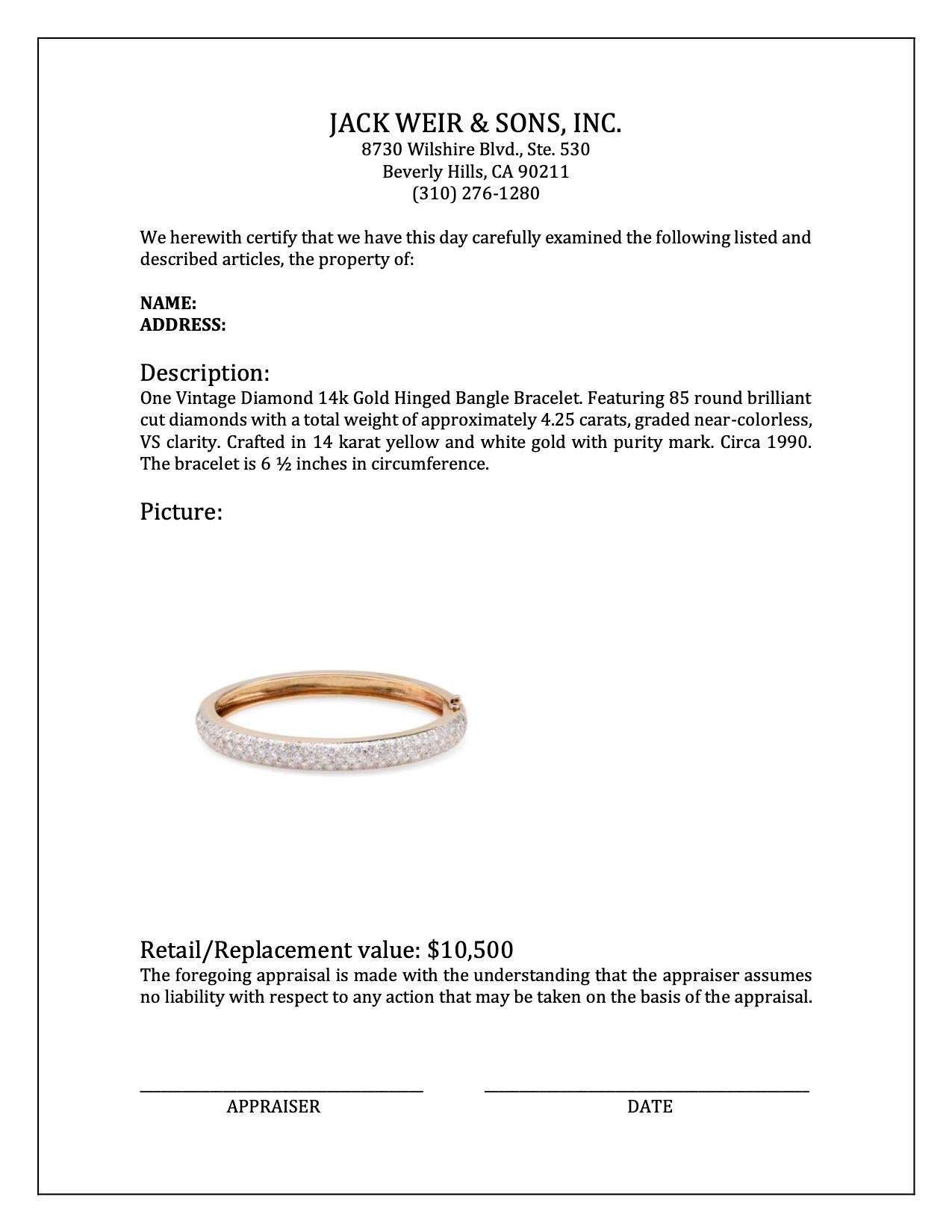 Women's or Men's Vintage Diamond 14k Gold Hinged Bangle Bracelet