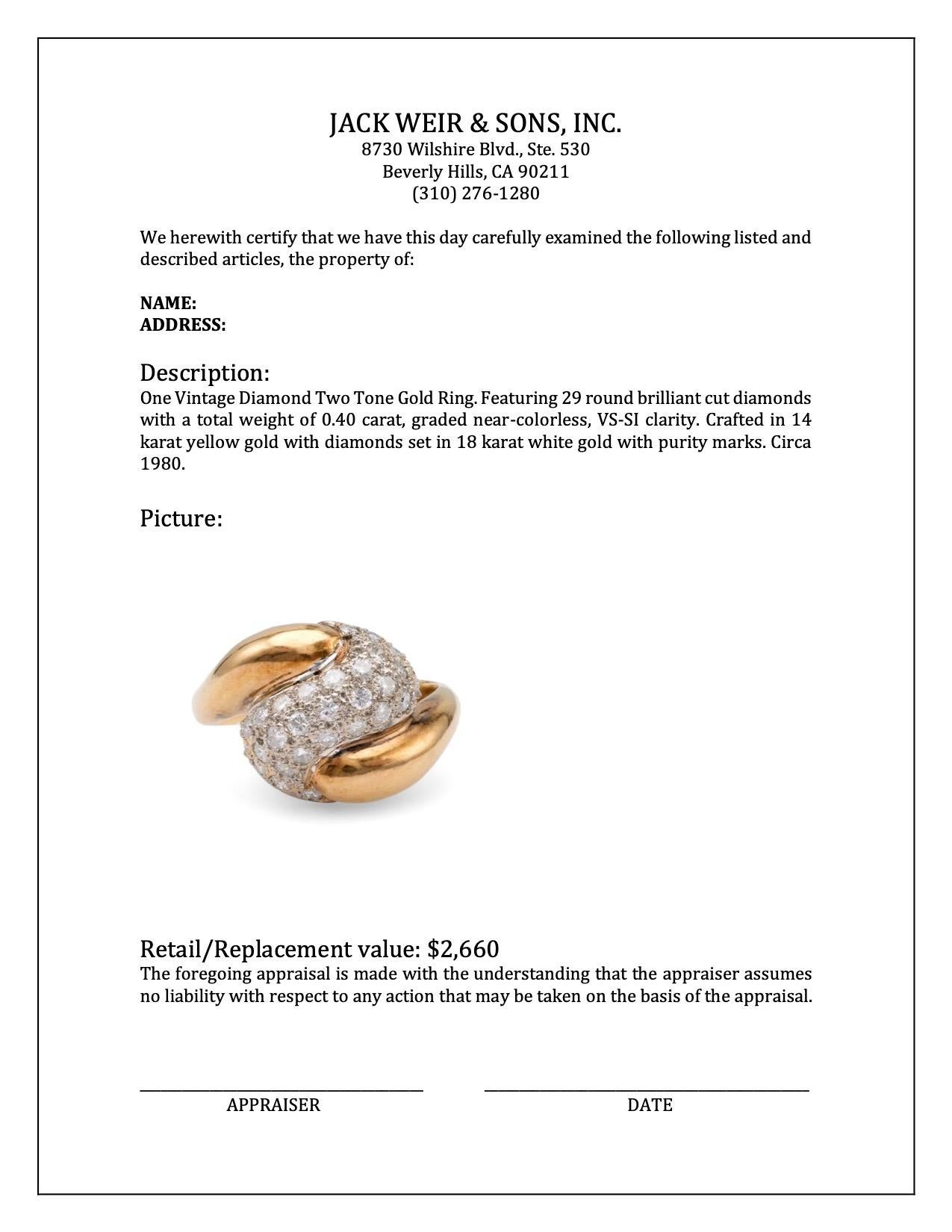 Women's or Men's Vintage Diamond 14k Two Tone Gold Ring For Sale