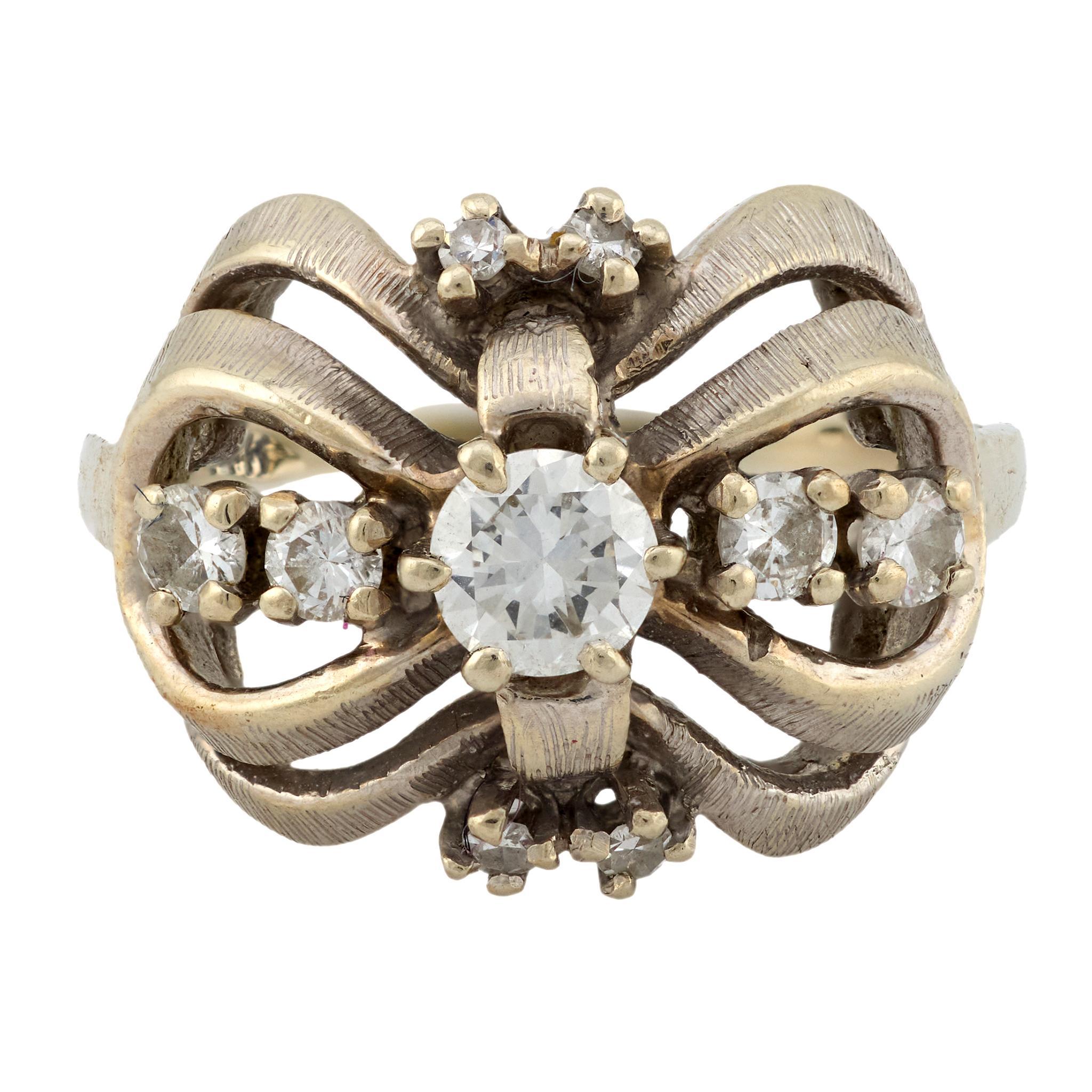 Taille brillant Bague à nœud en or blanc 14k et diamant vintage en vente