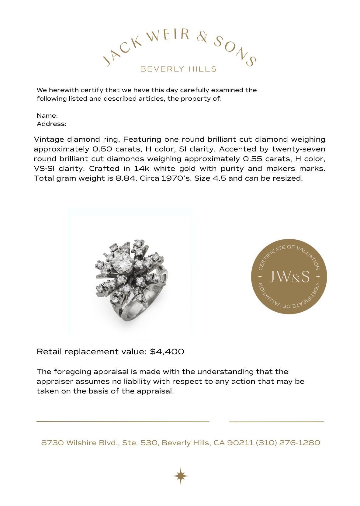 Anello cocktail vintage con diamante in oro bianco 14k in vendita 2