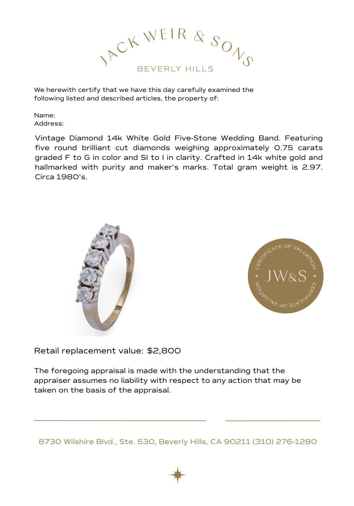 Fede d'epoca con diamante in oro bianco 14 carati e cinque pietre in vendita 1