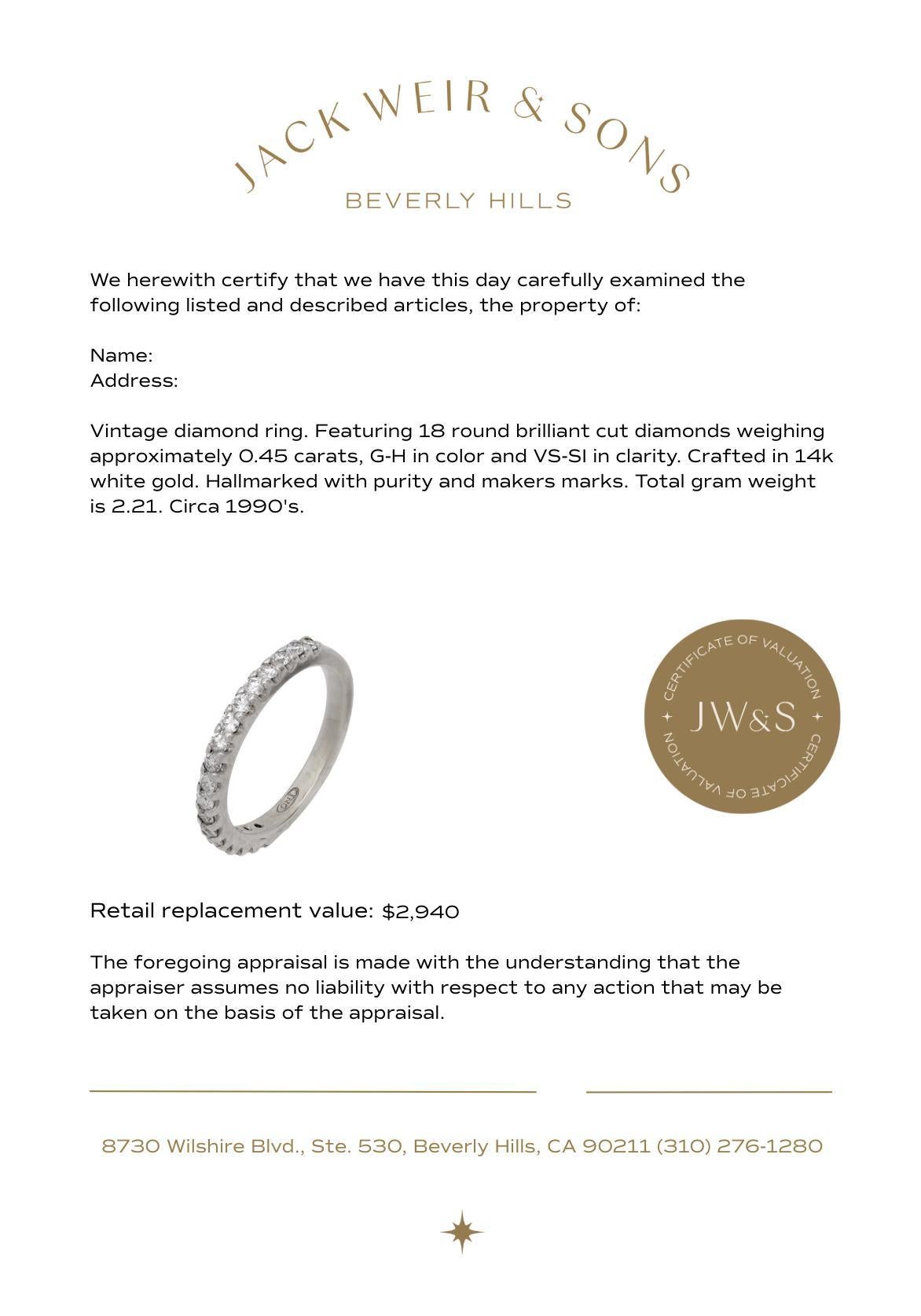 Fascia a mezza eternità in oro bianco 14k con diamante vintage In condizioni buone in vendita a Beverly Hills, CA