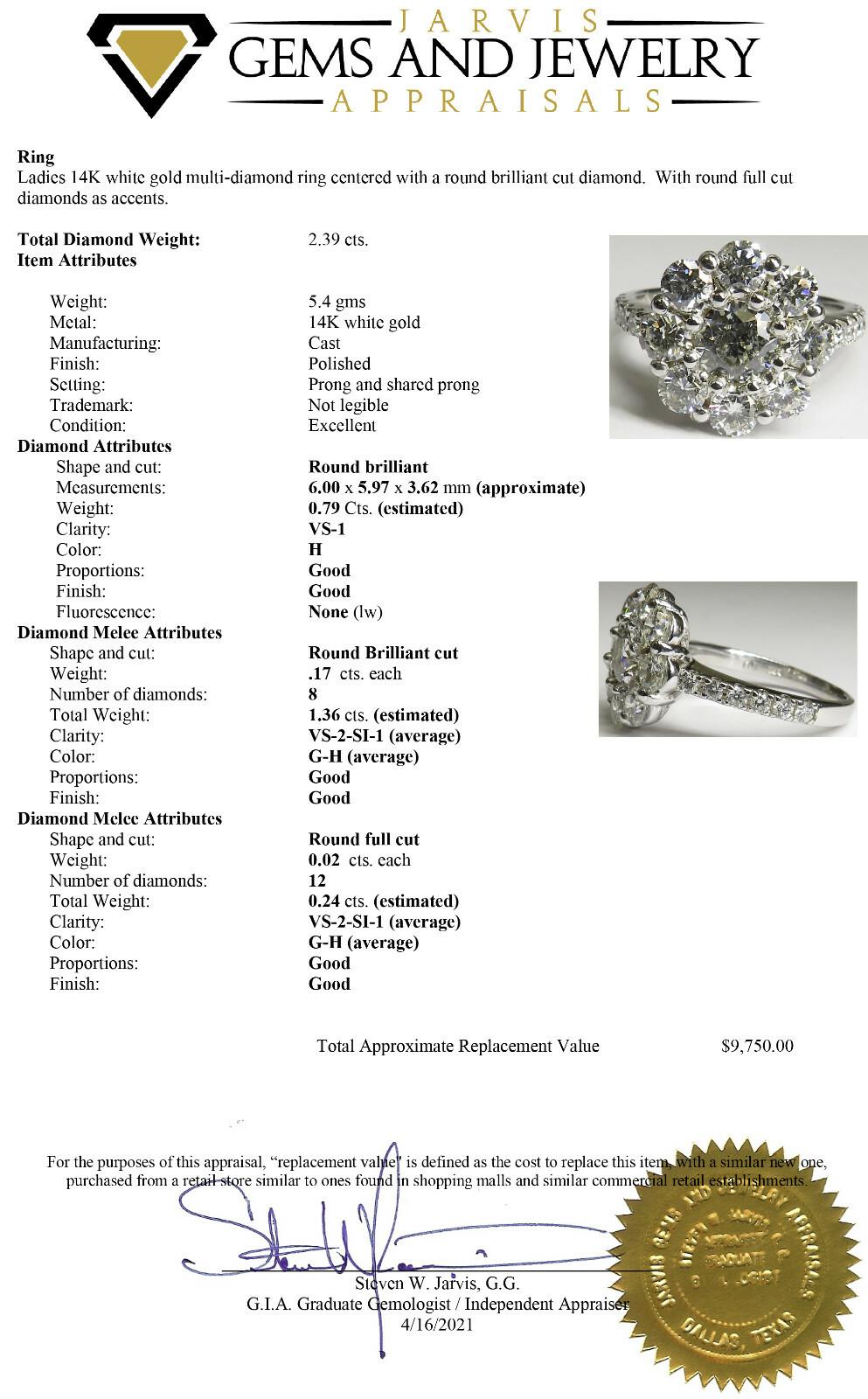 Vintage Diamond 14K White Gold Halo Cocktail Ring Estate Certified Appraisal For Sale 5