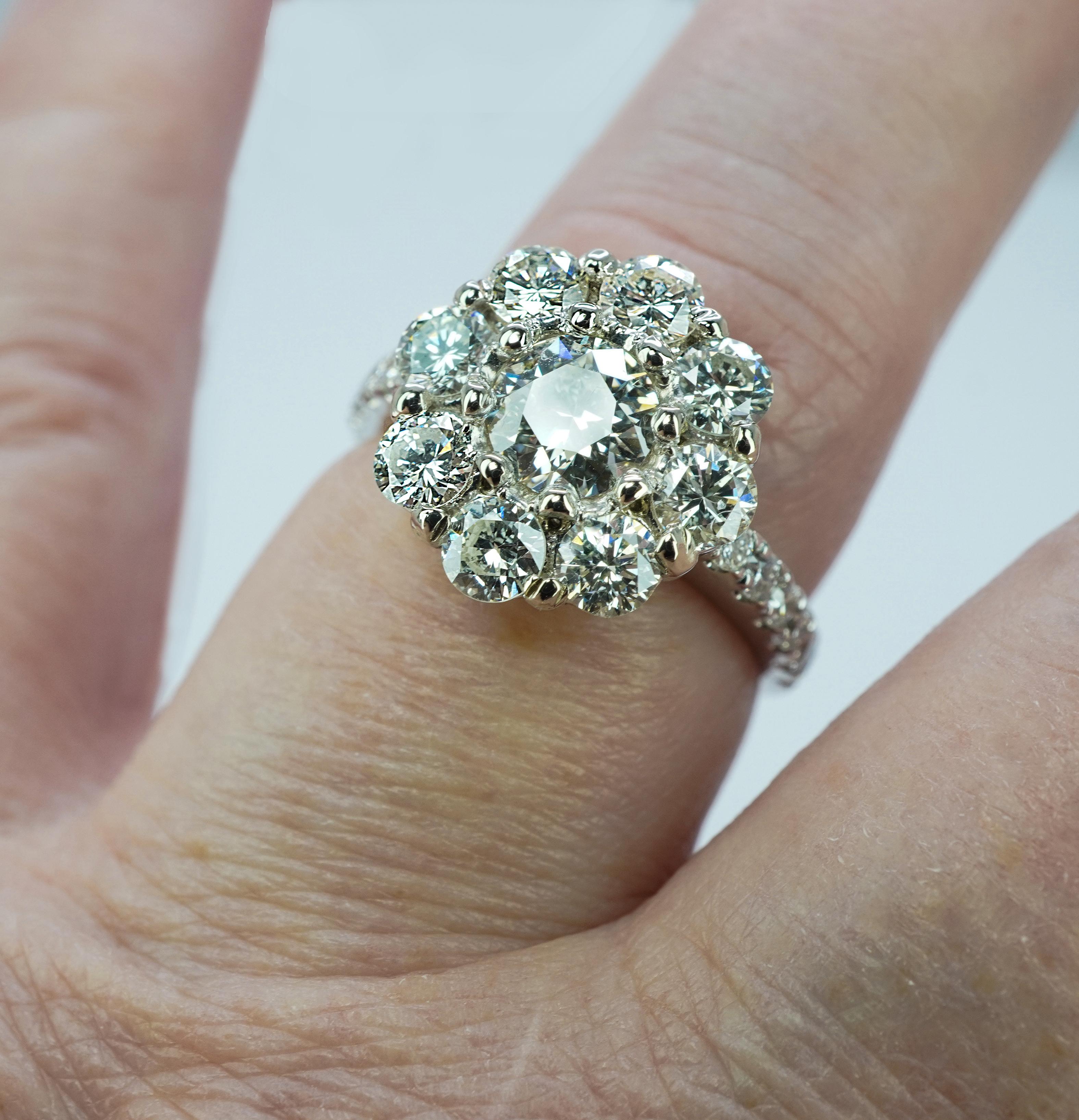 Round Cut Vintage Diamond 14K White Gold Halo Cocktail Ring Estate Certified Appraisal For Sale