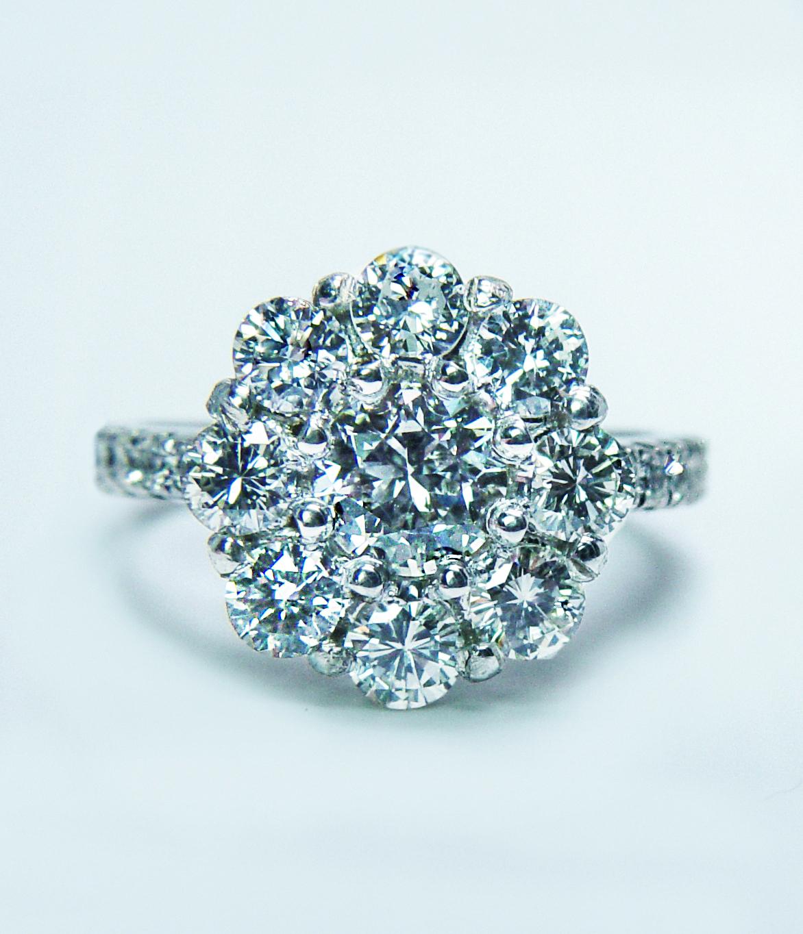 Women's Vintage Diamond 14K White Gold Halo Cocktail Ring Estate Certified Appraisal For Sale