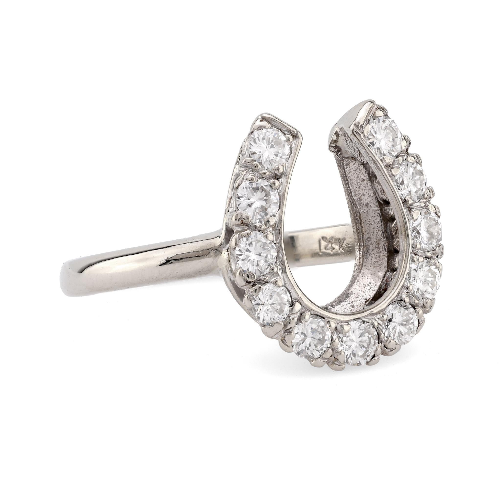 Modern Vintage diamond 14k white gold horseshoe ring