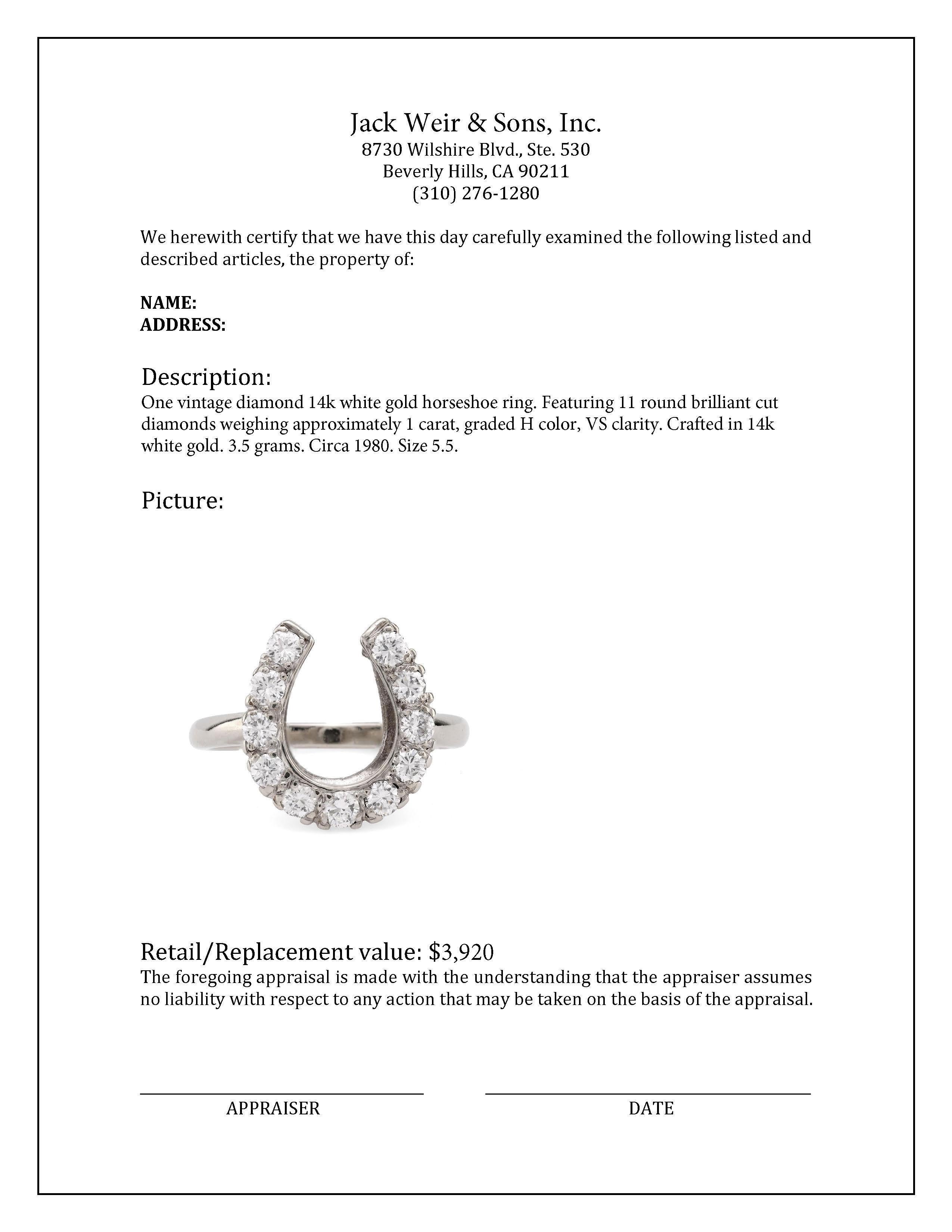 Vintage diamond 14k white gold horseshoe ring In Excellent Condition In Beverly Hills, CA