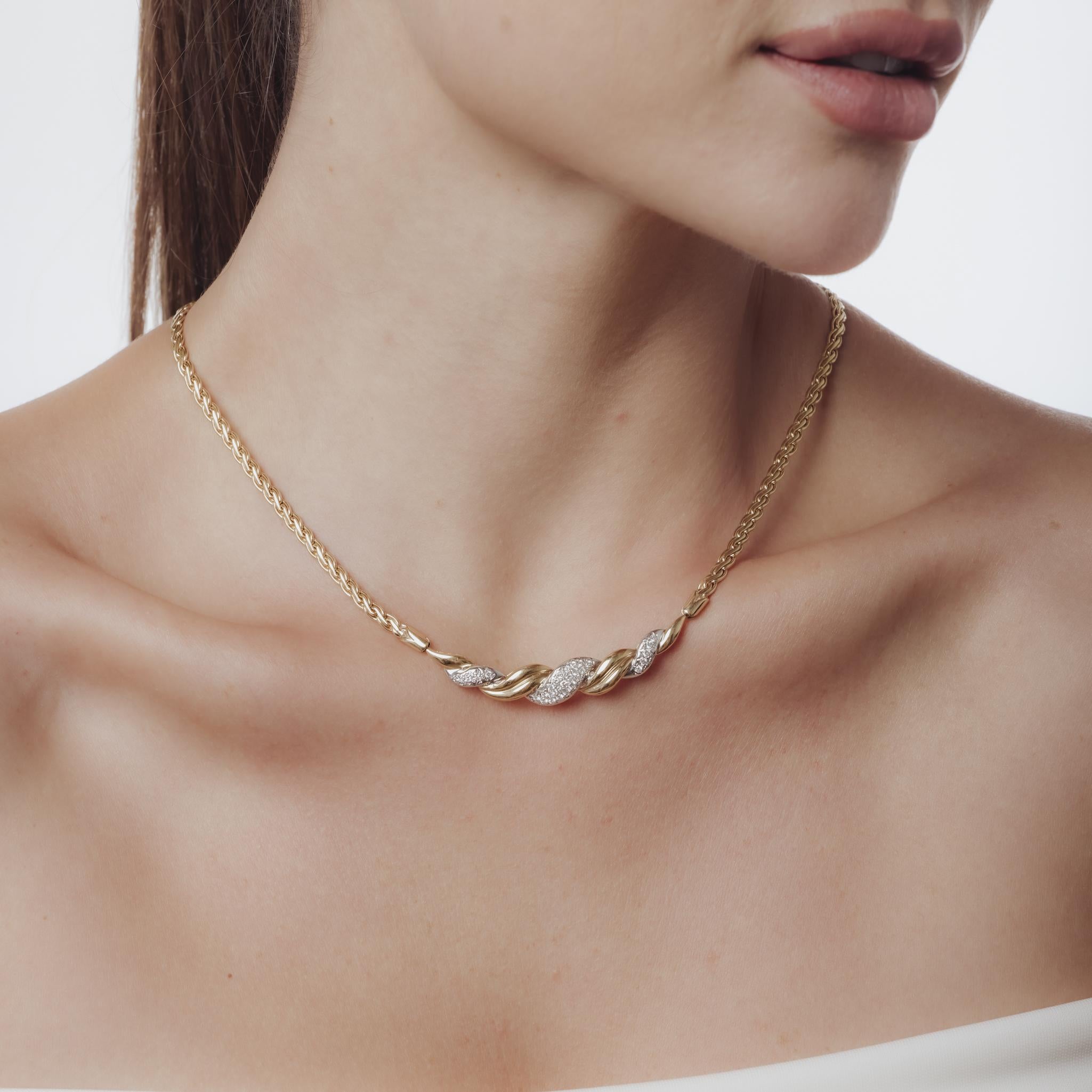 Taille brillant Collier vintage en or jaune et blanc 14k avec diamants en vente