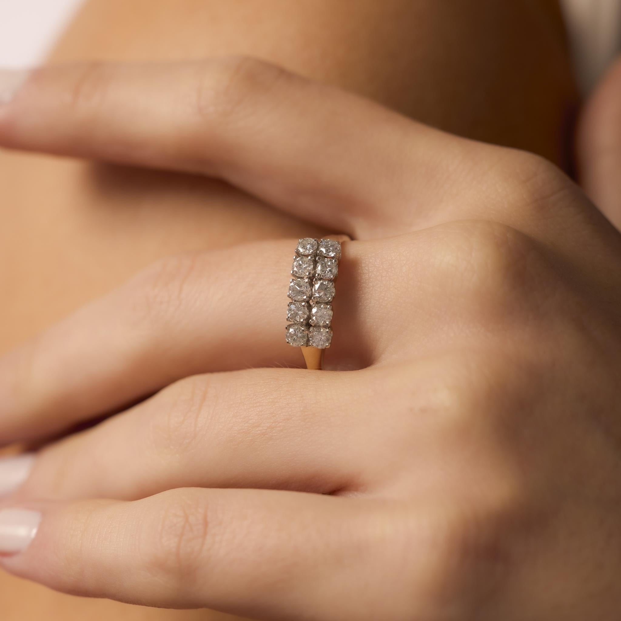 Brilliant Cut Vintage diamond 14k yellow and white gold two row ring For Sale
