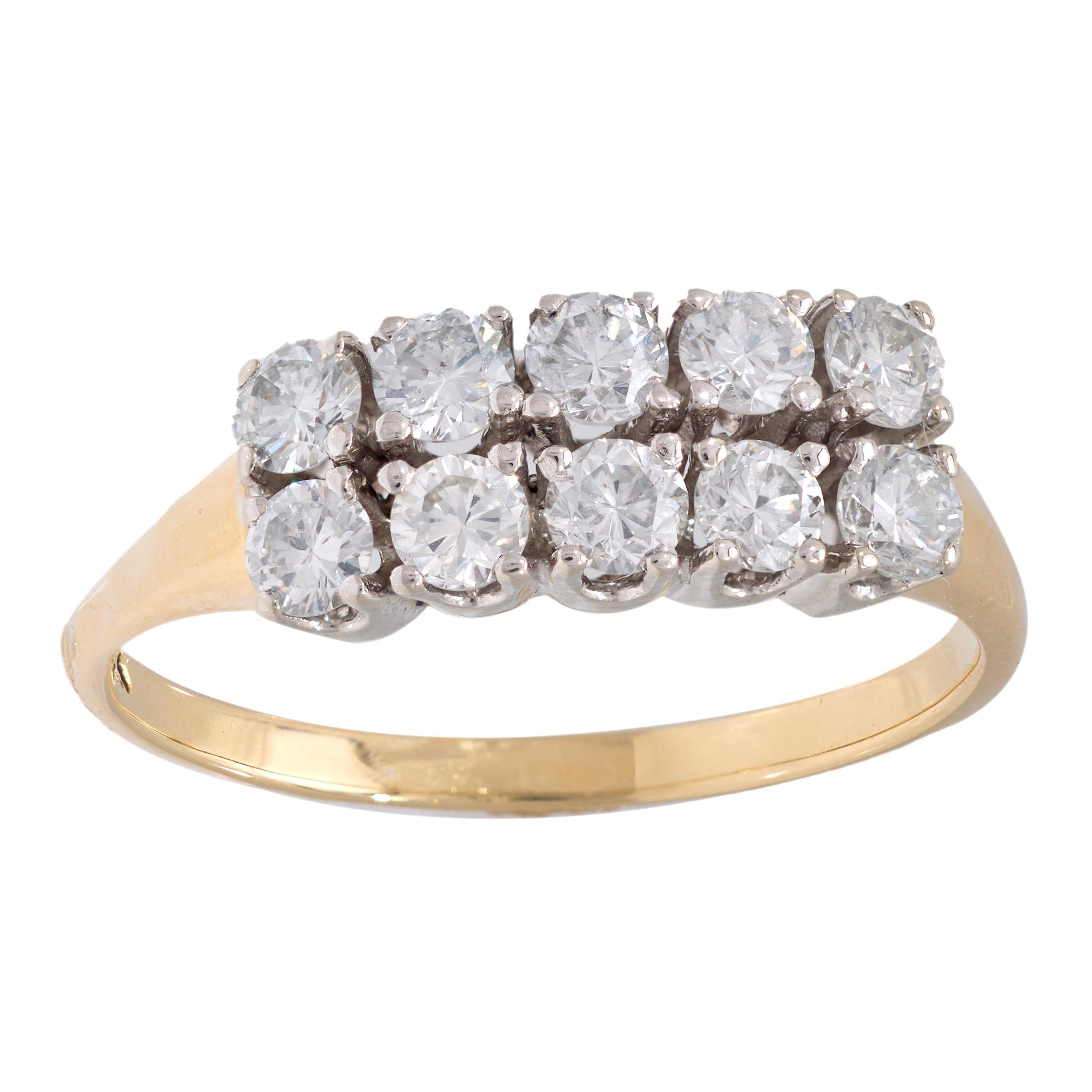 Vintage diamond 14k yellow and white gold two row ring For Sale
