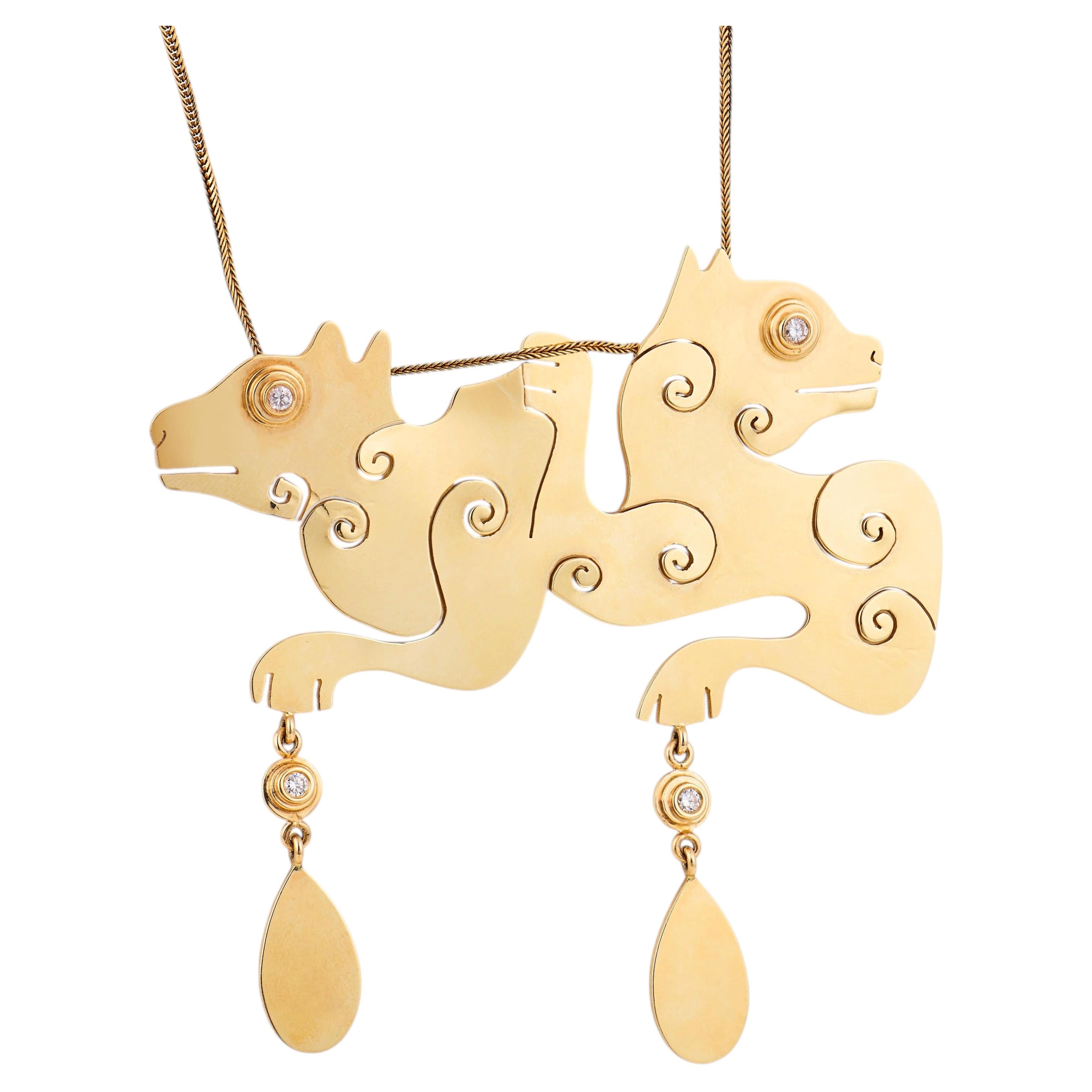 Vintage diamond 14k yellow gold double dragon pendant necklace
