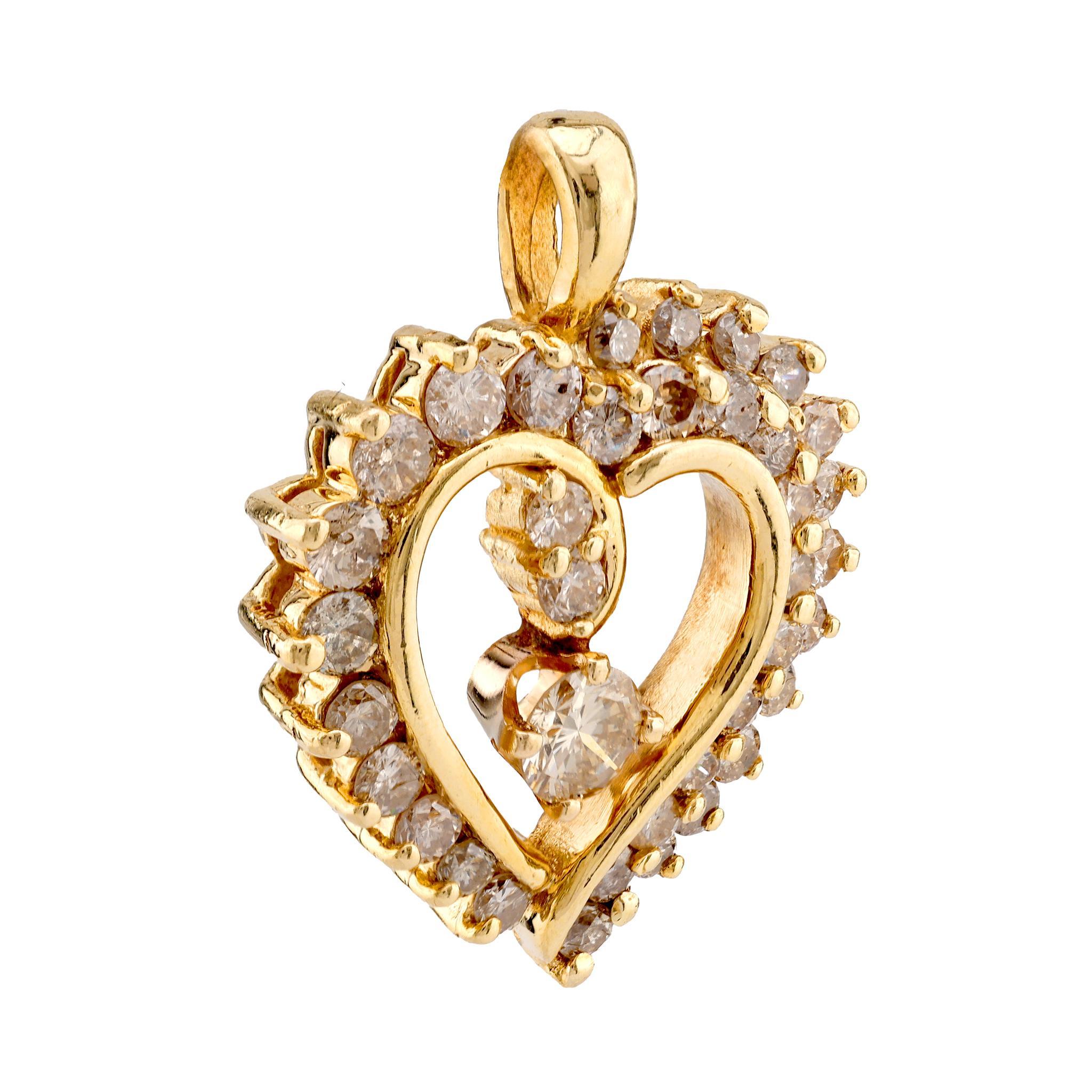 Brilliant Cut Vintage Diamond 14K Yellow Gold Heart Pendant