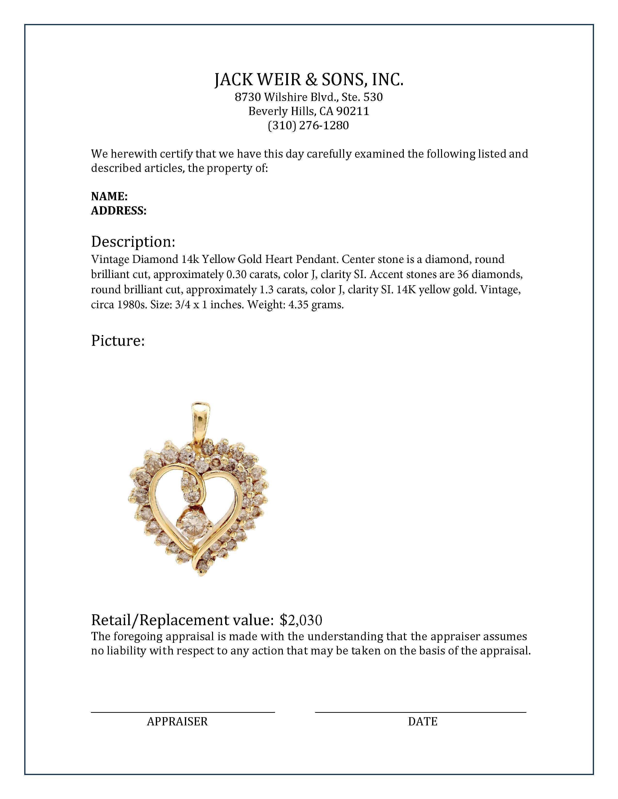Women's or Men's Vintage Diamond 14K Yellow Gold Heart Pendant